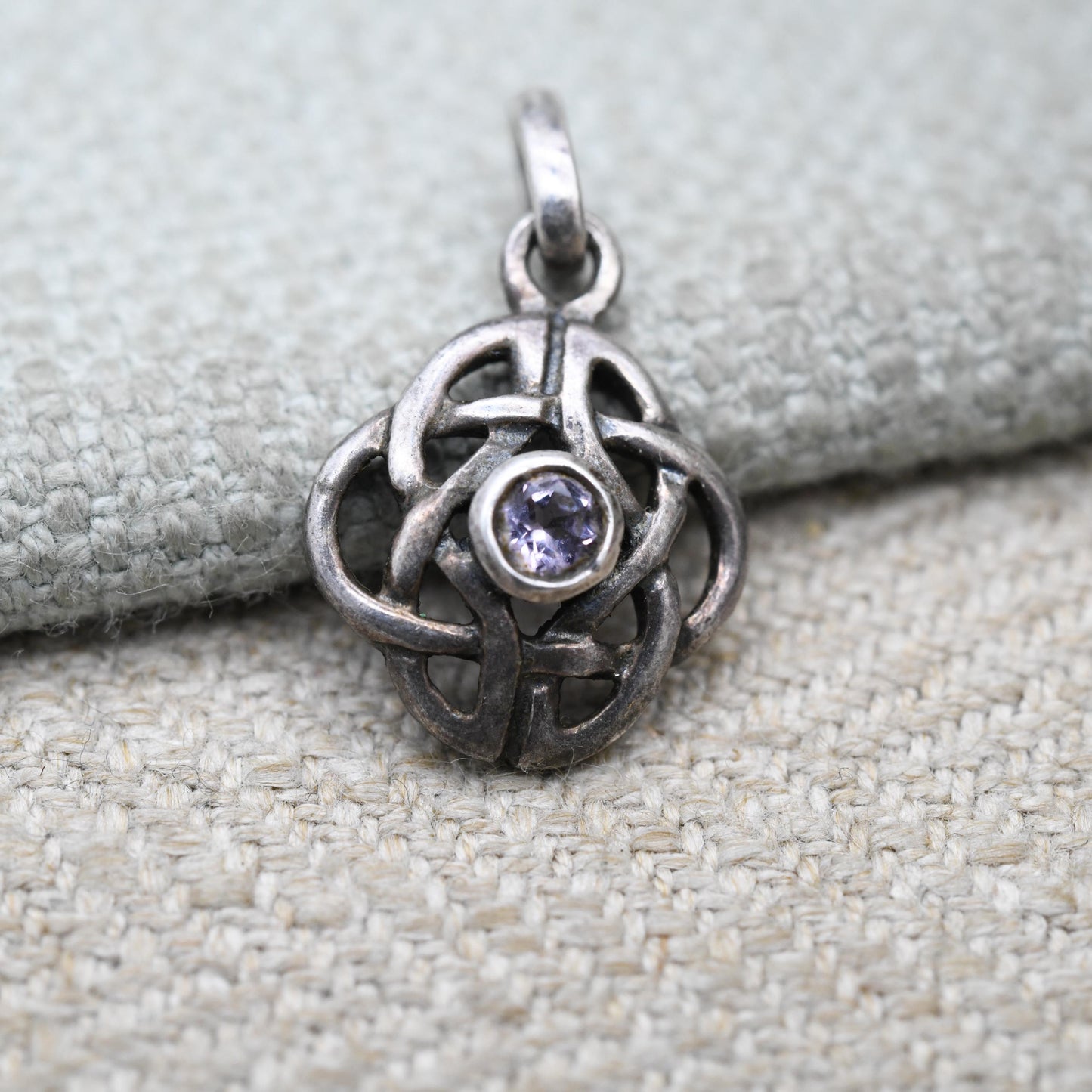 Vintage Sterling Silver Celtic Amethyst Pendant by Kit Heath - Openwork Purple Gemstone Jewellery | Celtic Knot Designer