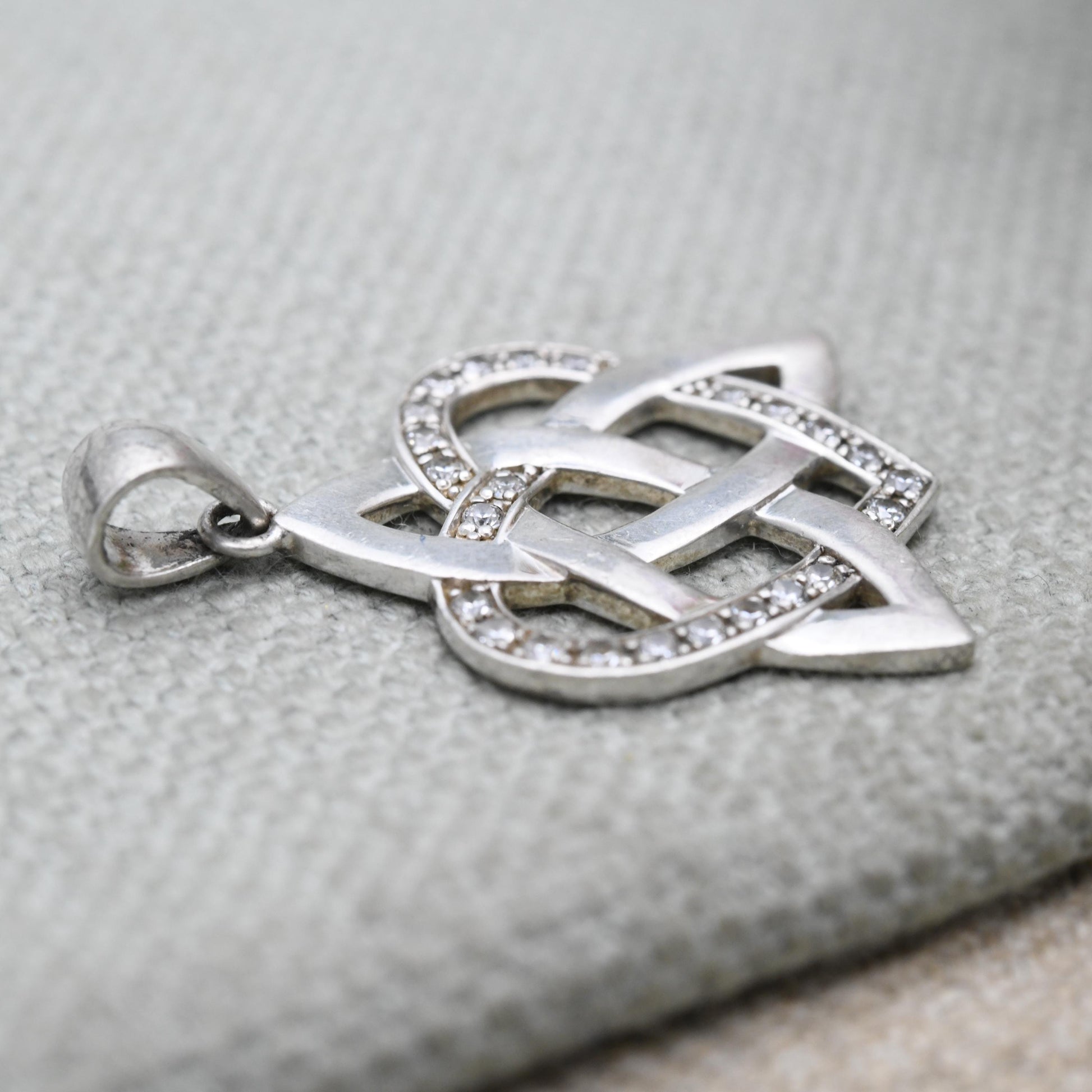Vintage Sterling Silver Celtic Love Pendant - Clear Stone Love Heart and Triquetra Jewellery | Gift for Charm Bracelet Necklace