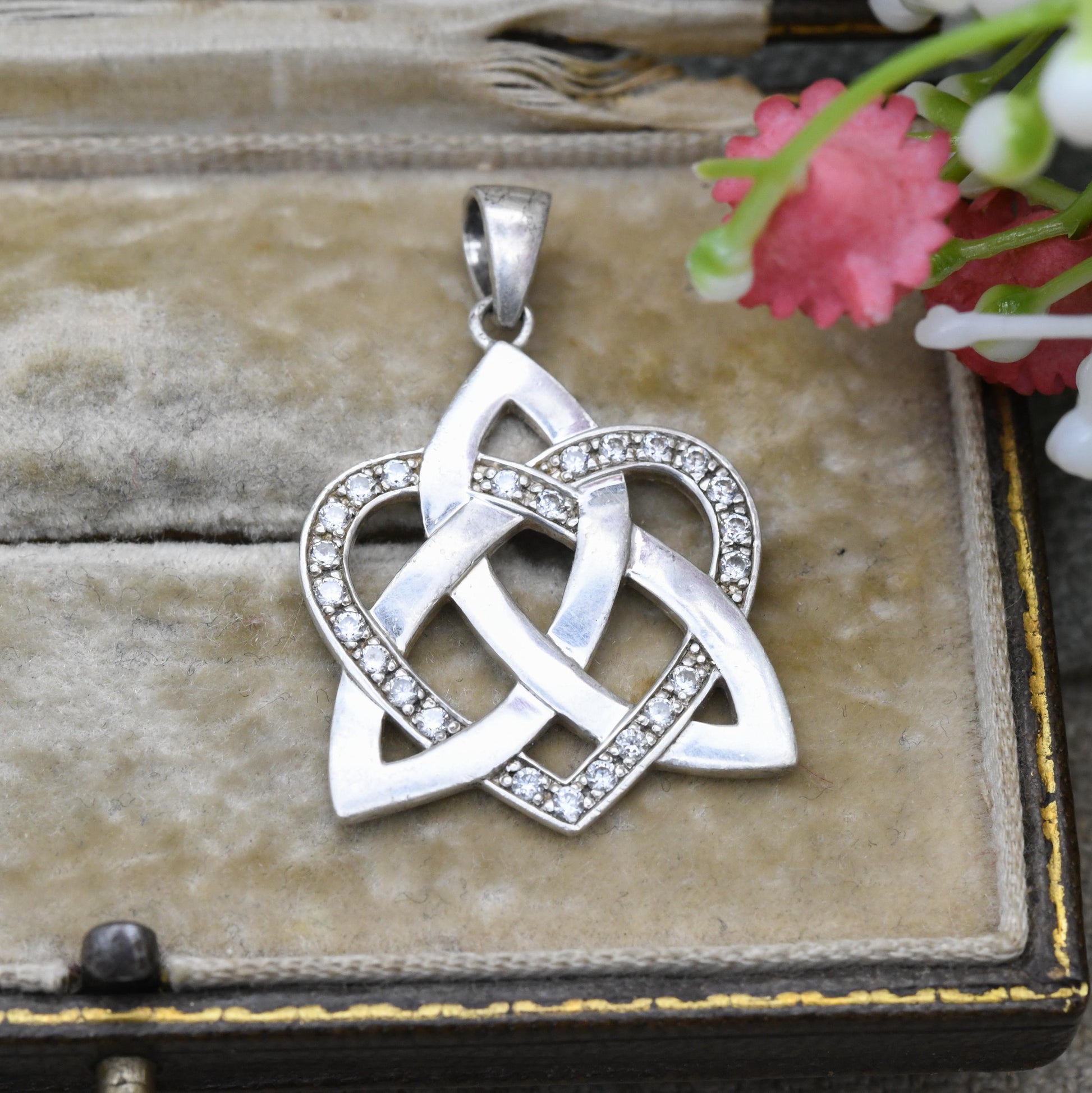 Vintage Sterling Silver Celtic Love Pendant - Clear Stone Love Heart and Triquetra Jewellery | Gift for Charm Bracelet Necklace