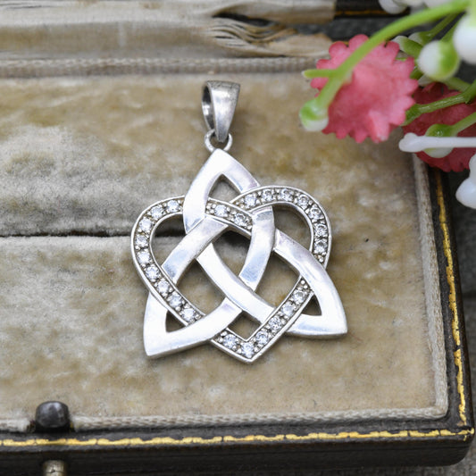 Vintage Sterling Silver Celtic Love Pendant - Clear Stone Love Heart and Triquetra Jewellery | Gift for Charm Bracelet Necklace