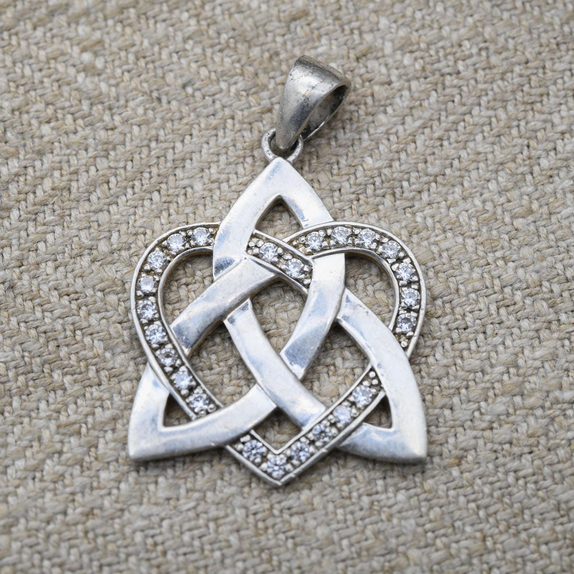 Vintage Sterling Silver Celtic Love Pendant - Clear Stone Love Heart and Triquetra Jewellery | Gift for Charm Bracelet Necklace