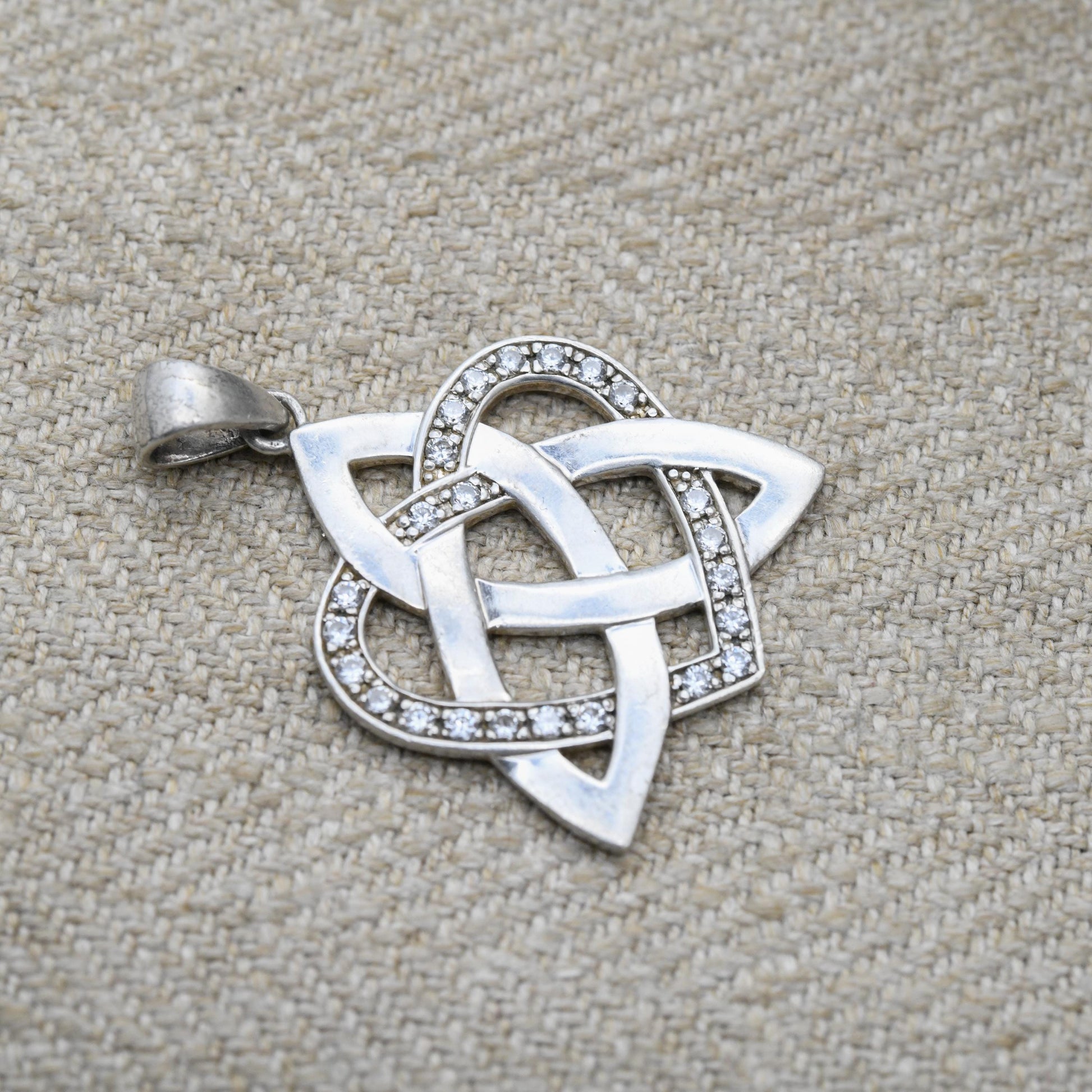 Vintage Sterling Silver Celtic Love Pendant - Clear Stone Love Heart and Triquetra Jewellery | Gift for Charm Bracelet Necklace