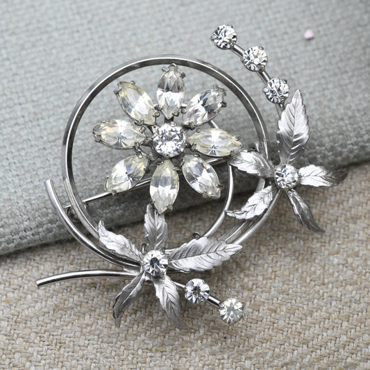 Vintage Krementz Floral Clear Stone Brooch - Beautiful Flowers and Clear Gemstones on an Openwork Mount | Gift for Her