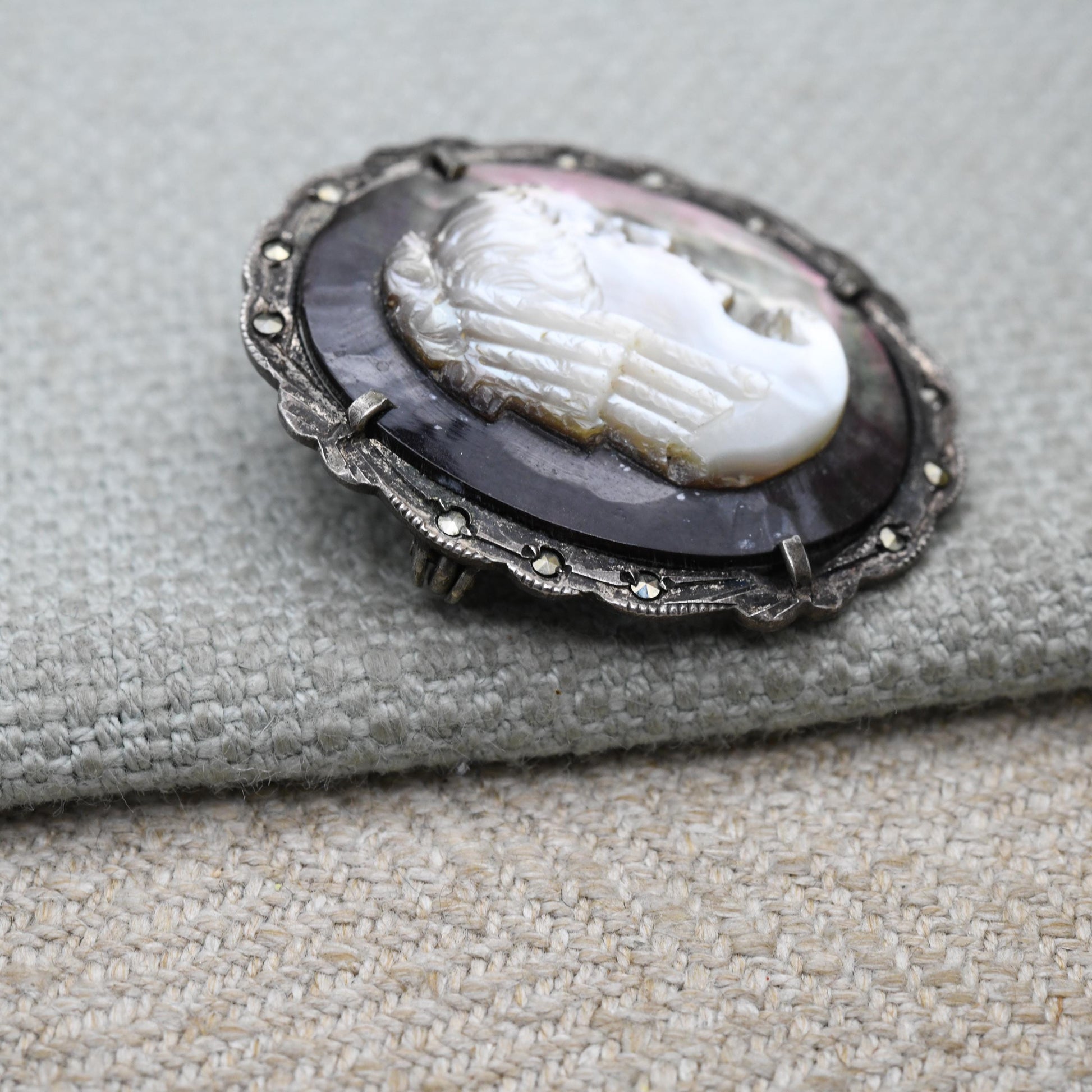 Vintage Silver Cameo Brooch Pendant with Shell Cameo - Woman Profile Portrait | Marcasite Border | Gift for Her