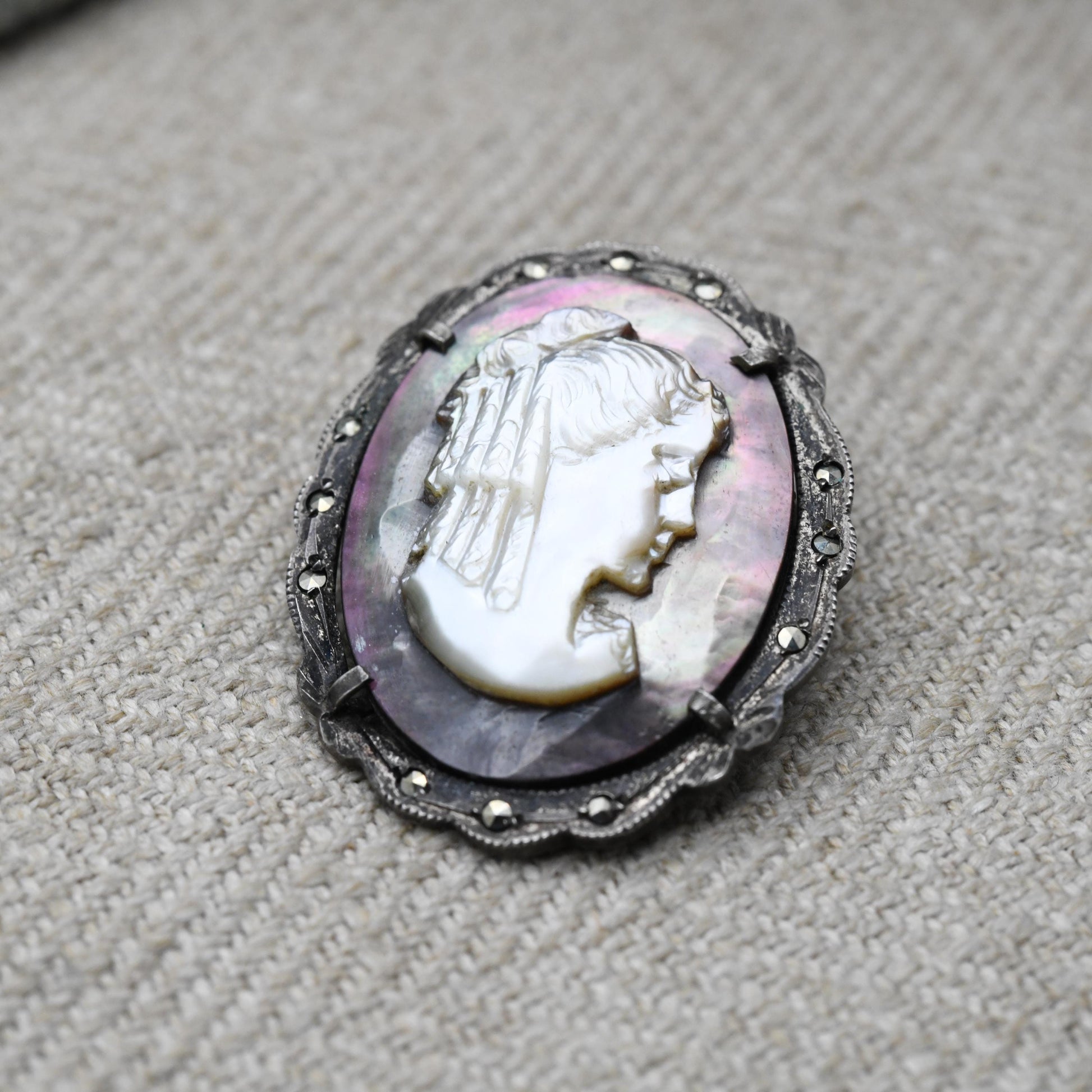 Vintage Silver Cameo Brooch Pendant with Shell Cameo - Woman Profile Portrait | Marcasite Border | Gift for Her