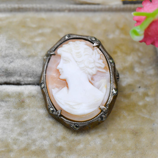 Vintage European Silver Cameo Brooch - Carved Shell Woman Profile Portrait | Gift for Her