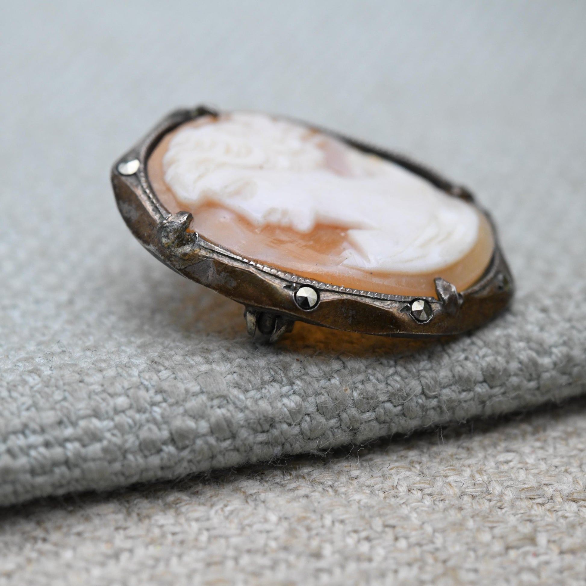 Vintage European Silver Cameo Brooch - Carved Shell Woman Profile Portrait | Gift for Her