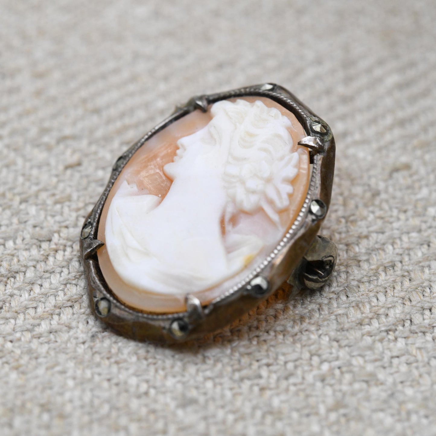 Vintage European Silver Cameo Brooch - Carved Shell Woman Profile Portrait | Gift for Her