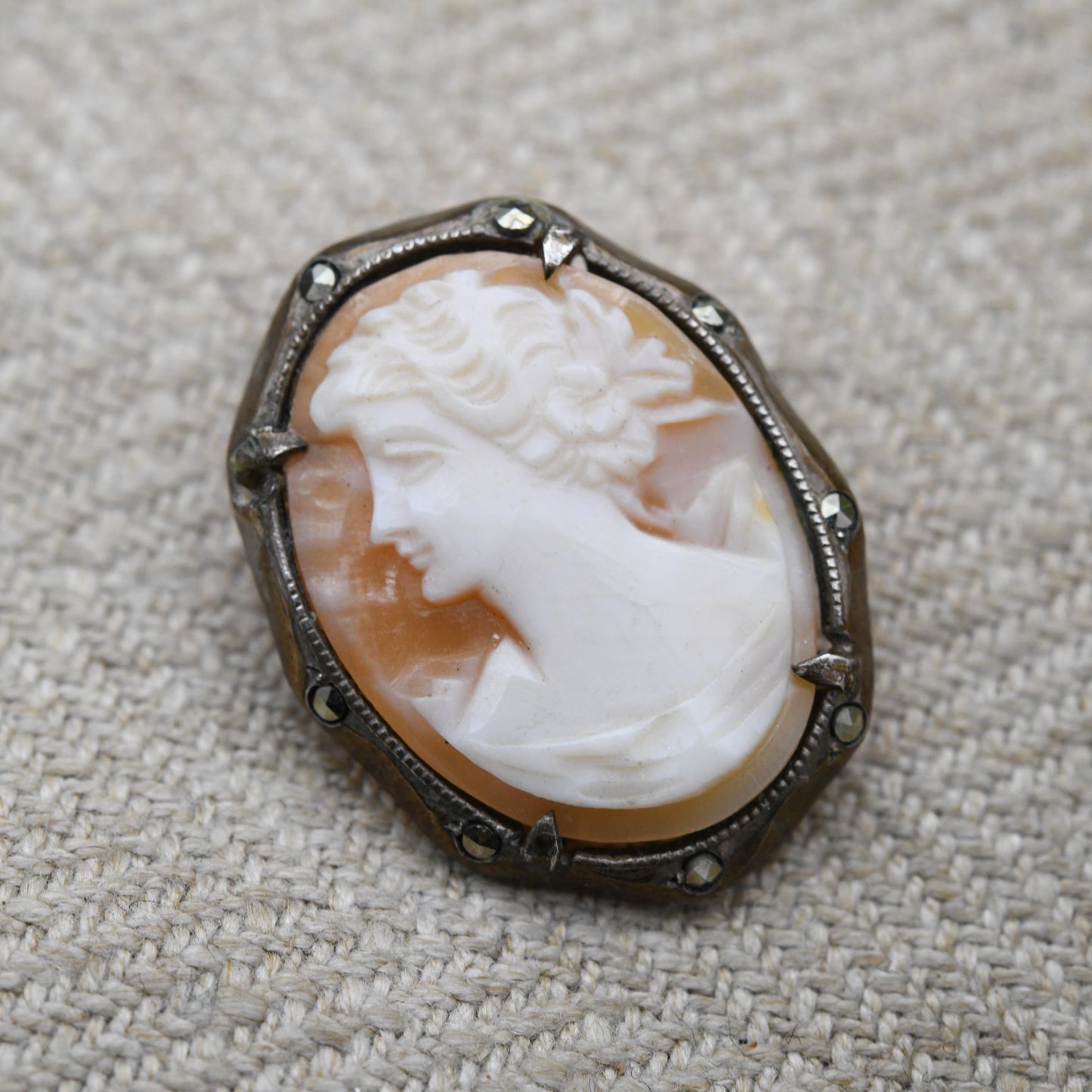 Vintage European Silver Cameo Brooch - Carved Shell Woman Profile Portrait | Gift for Her