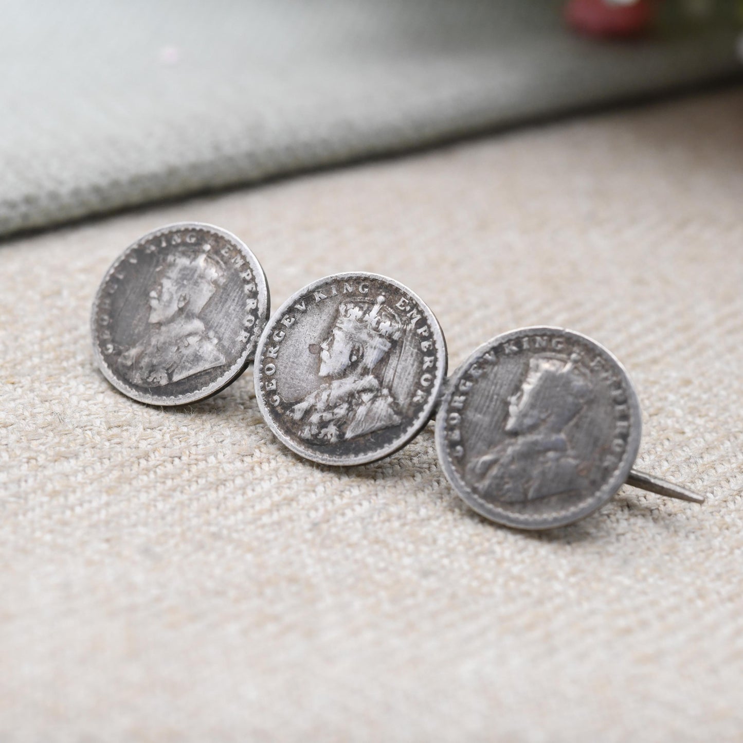 Antique Silver George V Two Annas Three Coin Bar Brooch - 1917 Emperor of India Coin Collection