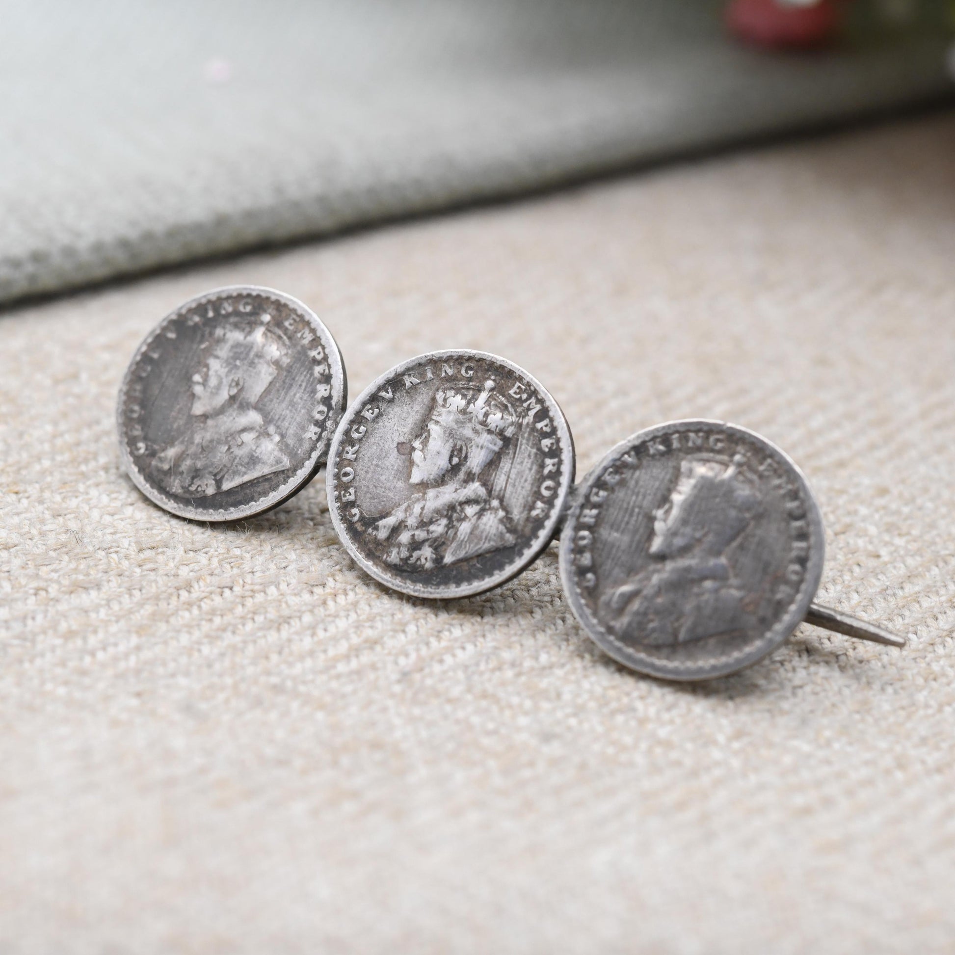 Antique Silver George V Two Annas Three Coin Bar Brooch - 1917 Emperor of India Coin Collection