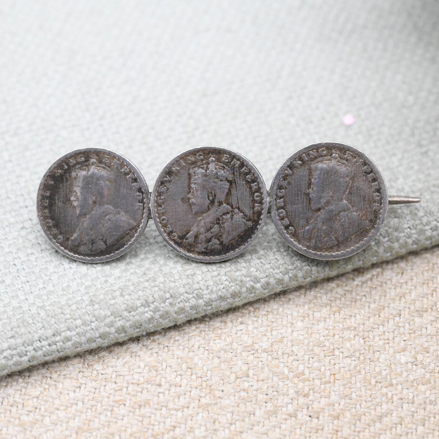 Antique Silver George V Two Annas Three Coin Bar Brooch - 1917 Emperor of India Coin Collection