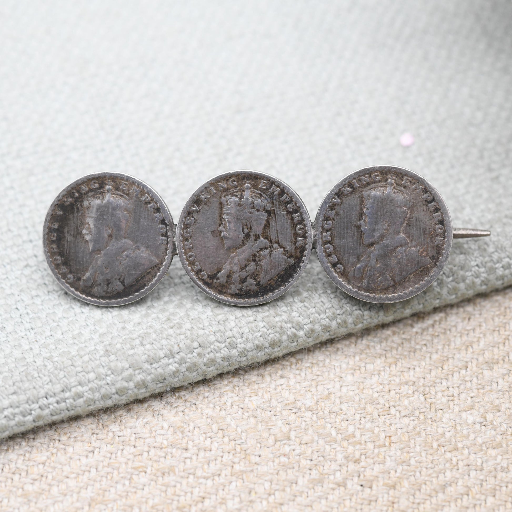 Antique Silver George V Two Annas Three Coin Bar Brooch - 1917 Emperor of India Coin Collection
