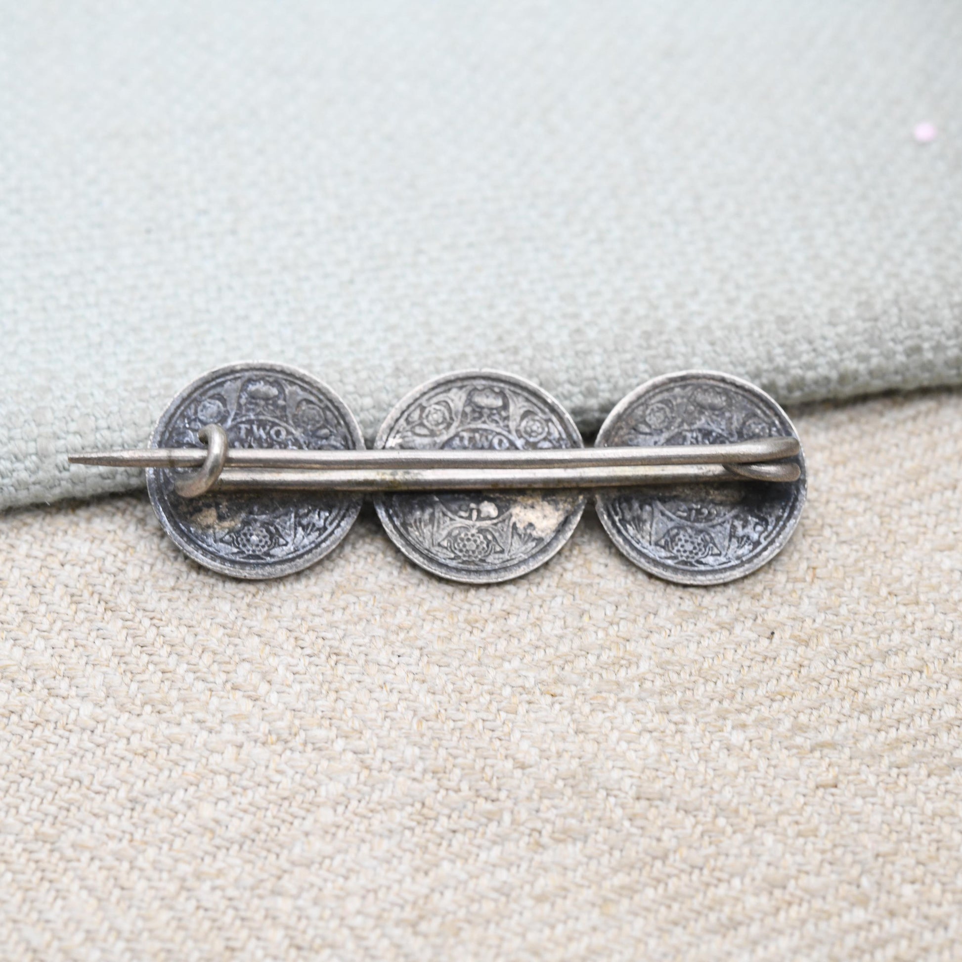 Antique Silver George V Two Annas Three Coin Bar Brooch - 1917 Emperor of India Coin Collection