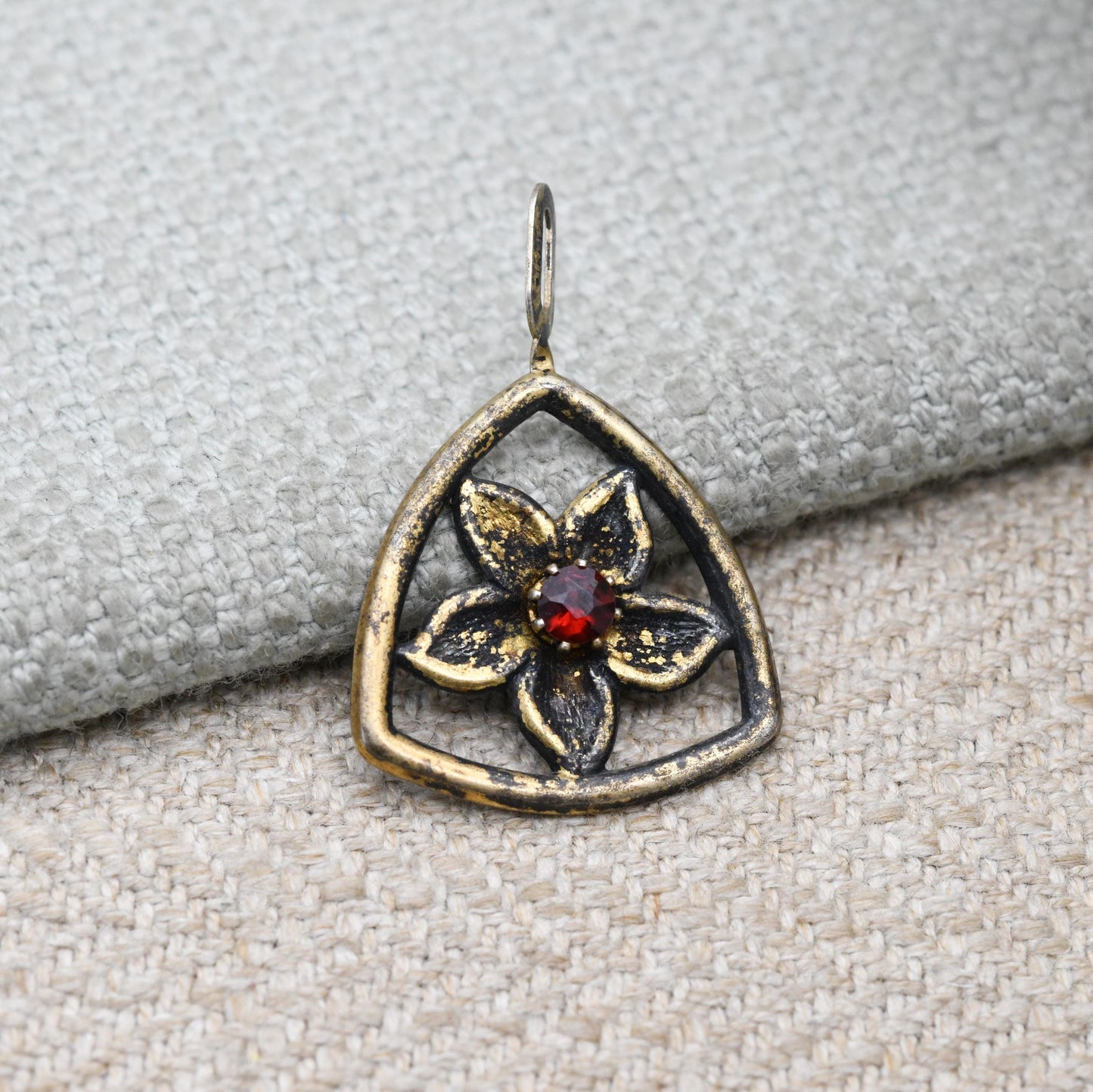 Vintage Sterling Silver Gold Plated Rose Flower Red Stone Pendant - Pretty Textured Flower Jewellery | Gift for Pendant Necklace