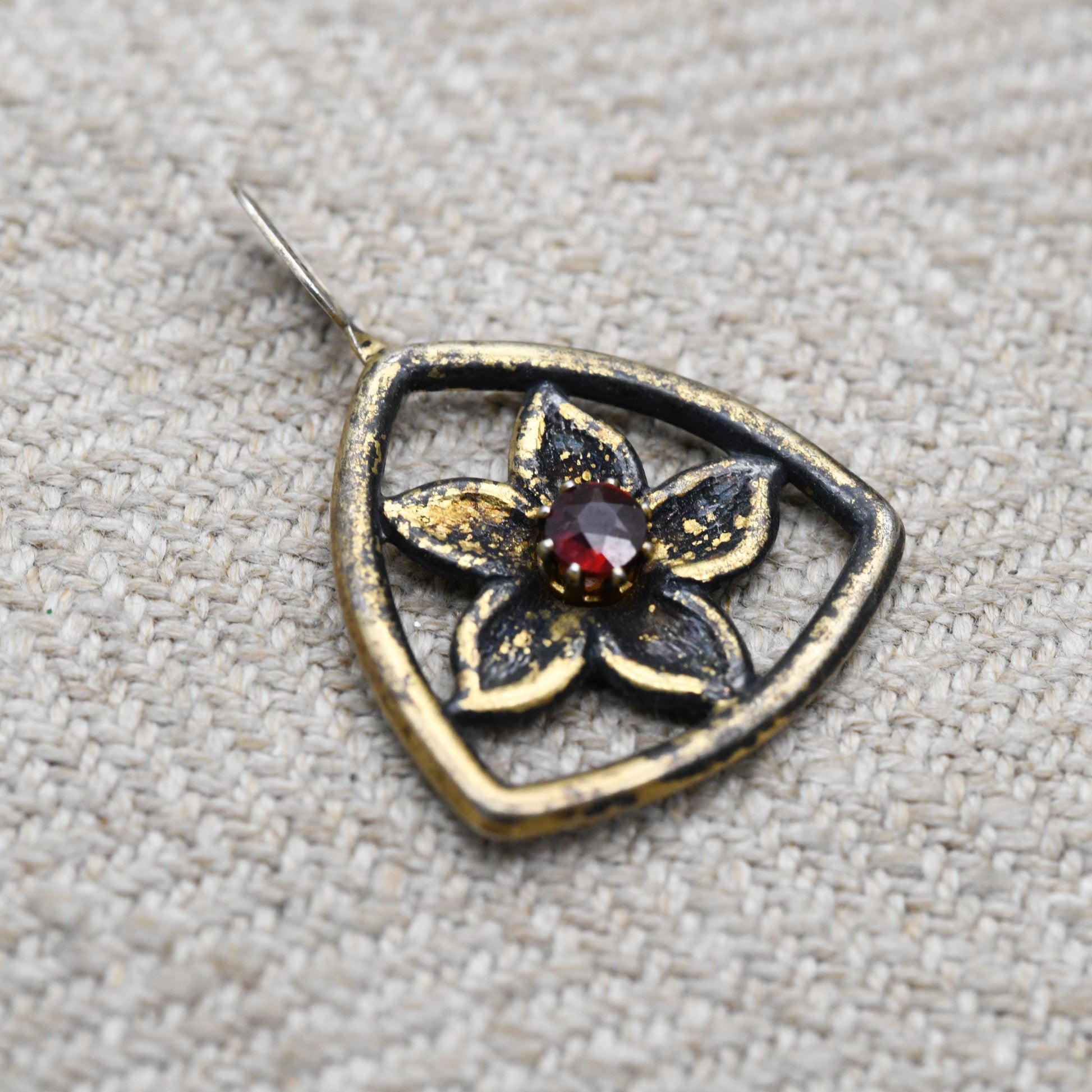 Vintage Sterling Silver Gold Plated Rose Flower Red Stone Pendant - Pretty Textured Flower Jewellery | Gift for Pendant Necklace