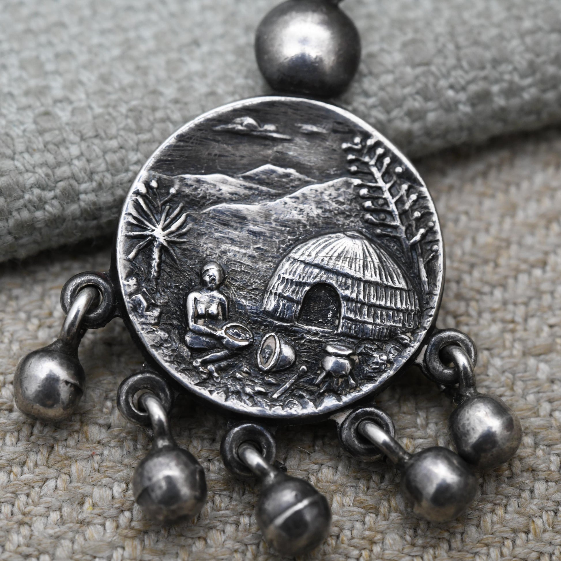 Vintage South African Sterling Silver Zulu Pendant by Joe Calafato c.1960s - Dream Catcher | African Landscape Scene