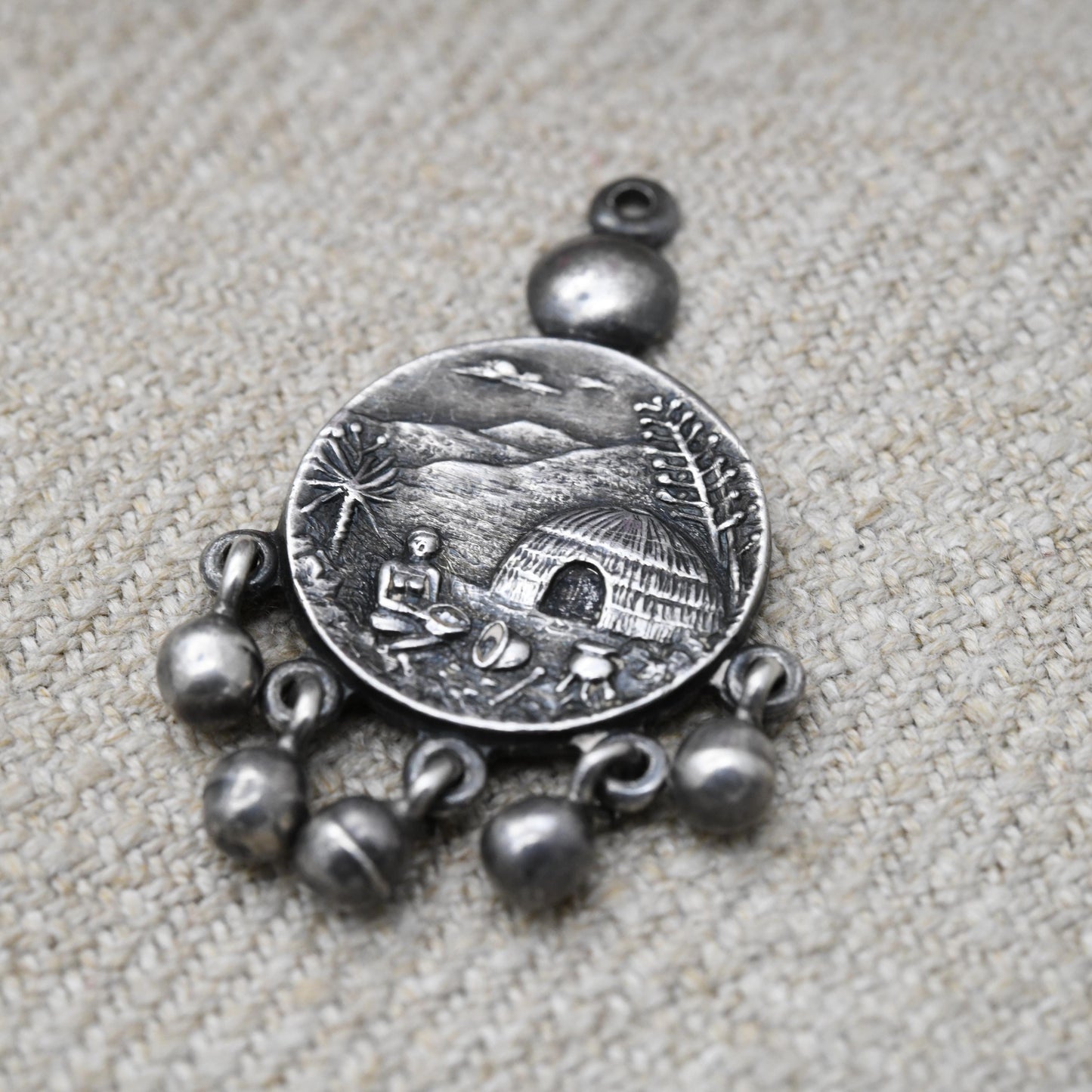 Vintage South African Sterling Silver Zulu Pendant by Joe Calafato c.1960s - Dream Catcher | African Landscape Scene