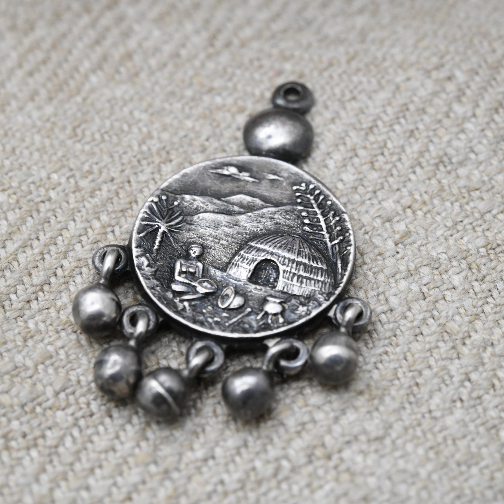Vintage South African Sterling Silver Zulu Pendant by Joe Calafato c.1960s - Dream Catcher | African Landscape Scene