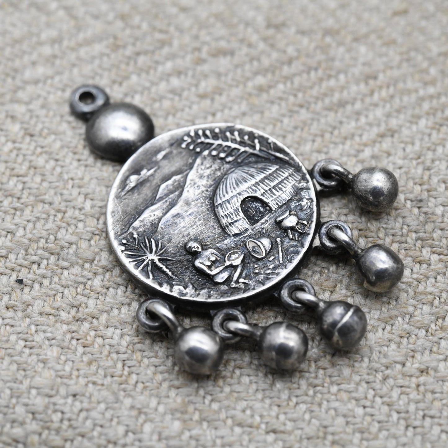 Vintage South African Sterling Silver Zulu Pendant by Joe Calafato c.1960s - Dream Catcher | African Landscape Scene
