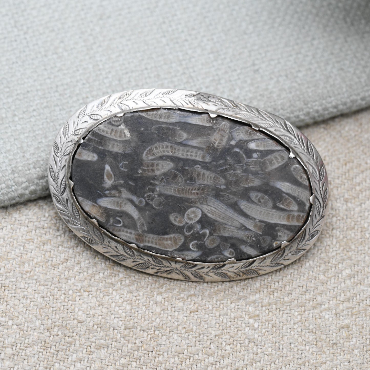 Antique Silver Coral Fossil Brooch Pendant c. 1890's - Siphonodendron Junceum Fossil set into an Engraved Floral Mount | Victorian Fossil