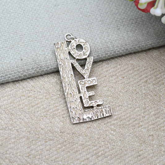 Vintage Sterling Silver Love Charm Pendant with Textured Pattern - Chunky Love Heart Writing | Romantic Gift for Charm Bracelet