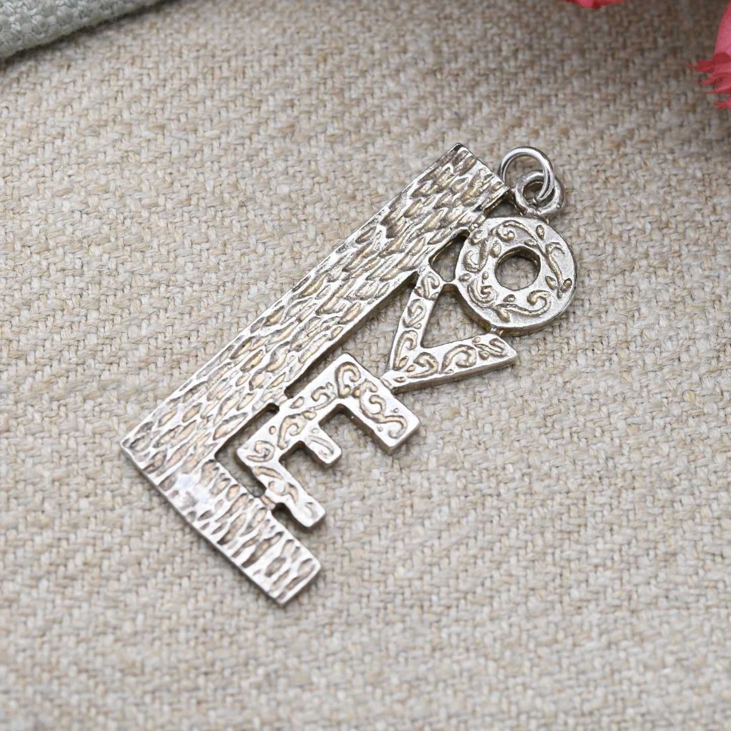 Vintage Sterling Silver Love Charm Pendant with Textured Pattern - Chunky Love Heart Writing | Romantic Gift for Charm Bracelet