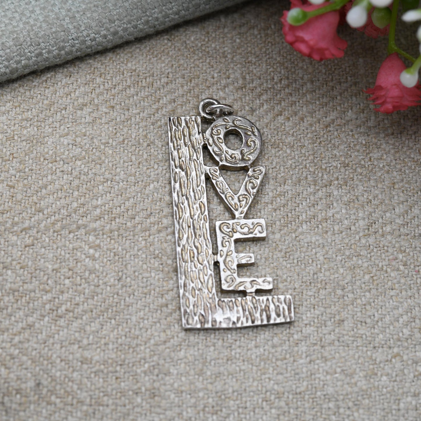 Vintage Sterling Silver Love Charm Pendant with Textured Pattern - Chunky Love Heart Writing | Romantic Gift for Charm Bracelet