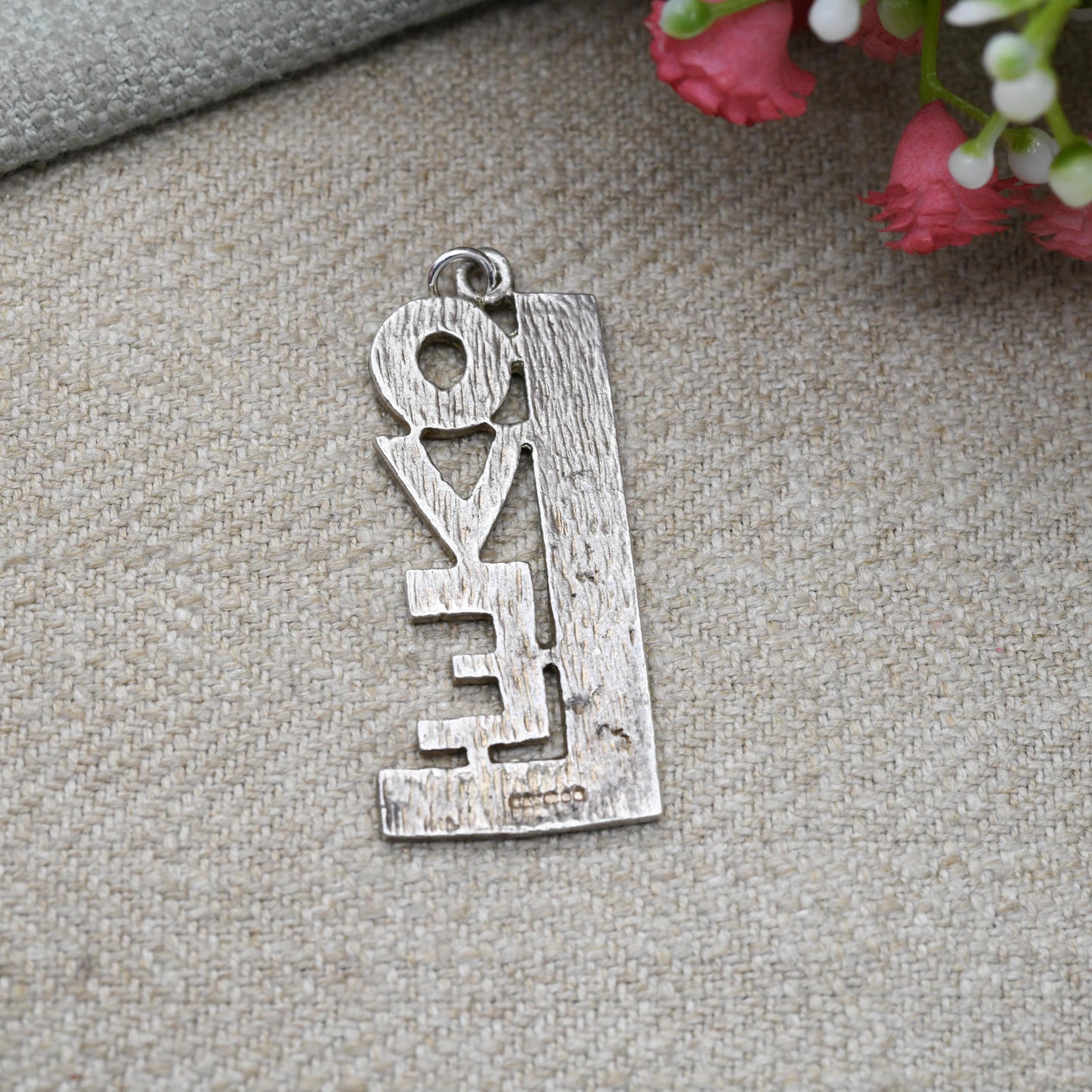 Vintage Sterling Silver Love Charm Pendant with Textured Pattern - Chunky Love Heart Writing | Romantic Gift for Charm Bracelet