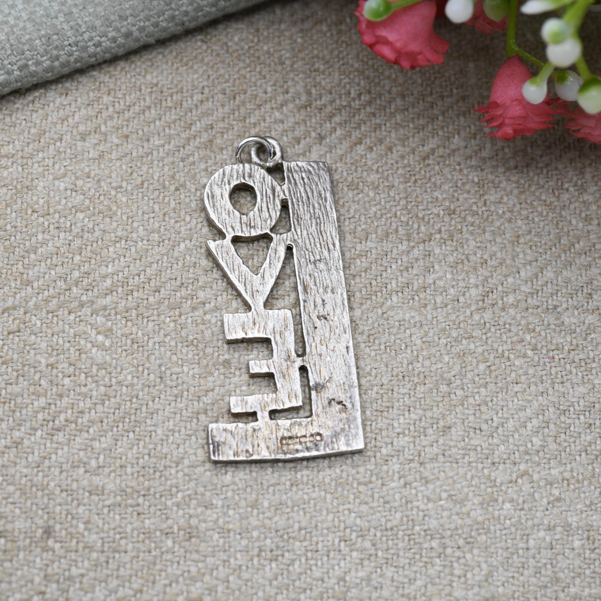 Vintage Sterling Silver Love Charm Pendant with Textured Pattern - Chunky Love Heart Writing | Romantic Gift for Charm Bracelet