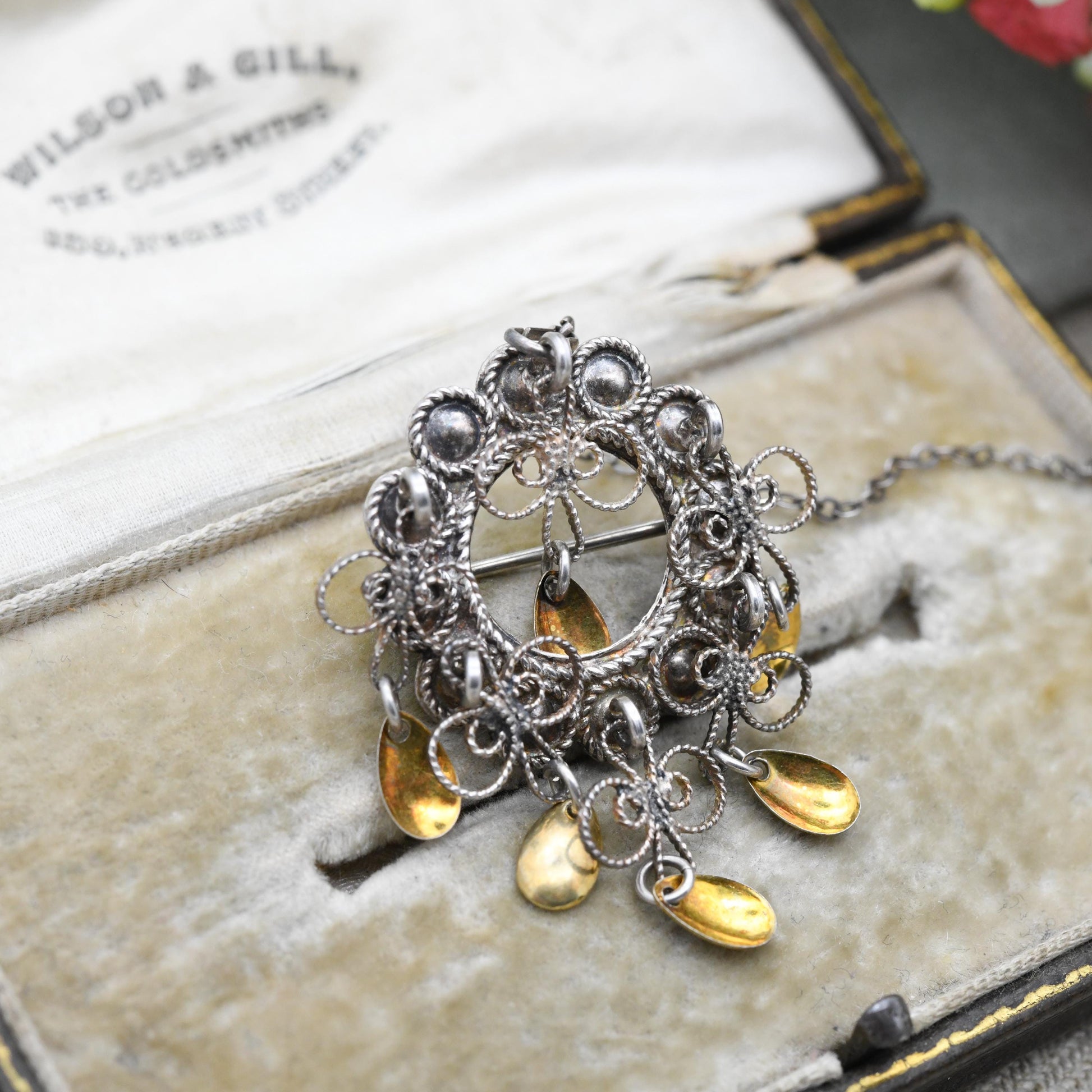 Vintage Silver Norwegian Solje Brooch with Gold Tone Tassel Drops - Collectable Scandinavian Silver Jewellery