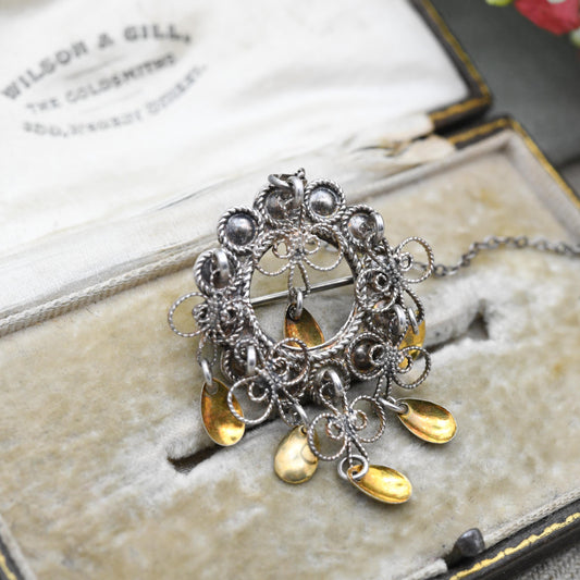 Vintage Silver Norwegian Solje Brooch with Gold Tone Tassel Drops - Collectable Scandinavian Silver Jewellery