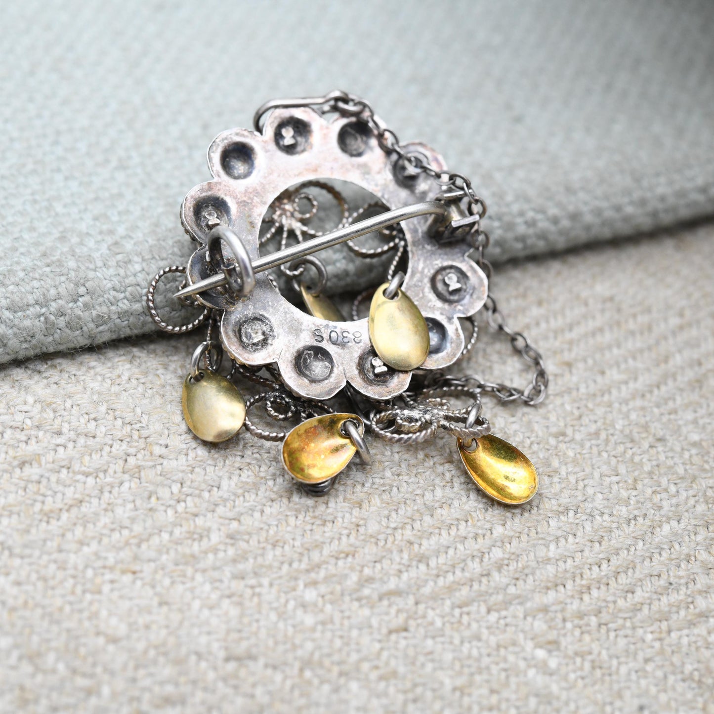Vintage Silver Norwegian Solje Brooch with Gold Tone Tassel Drops - Collectable Scandinavian Silver Jewellery