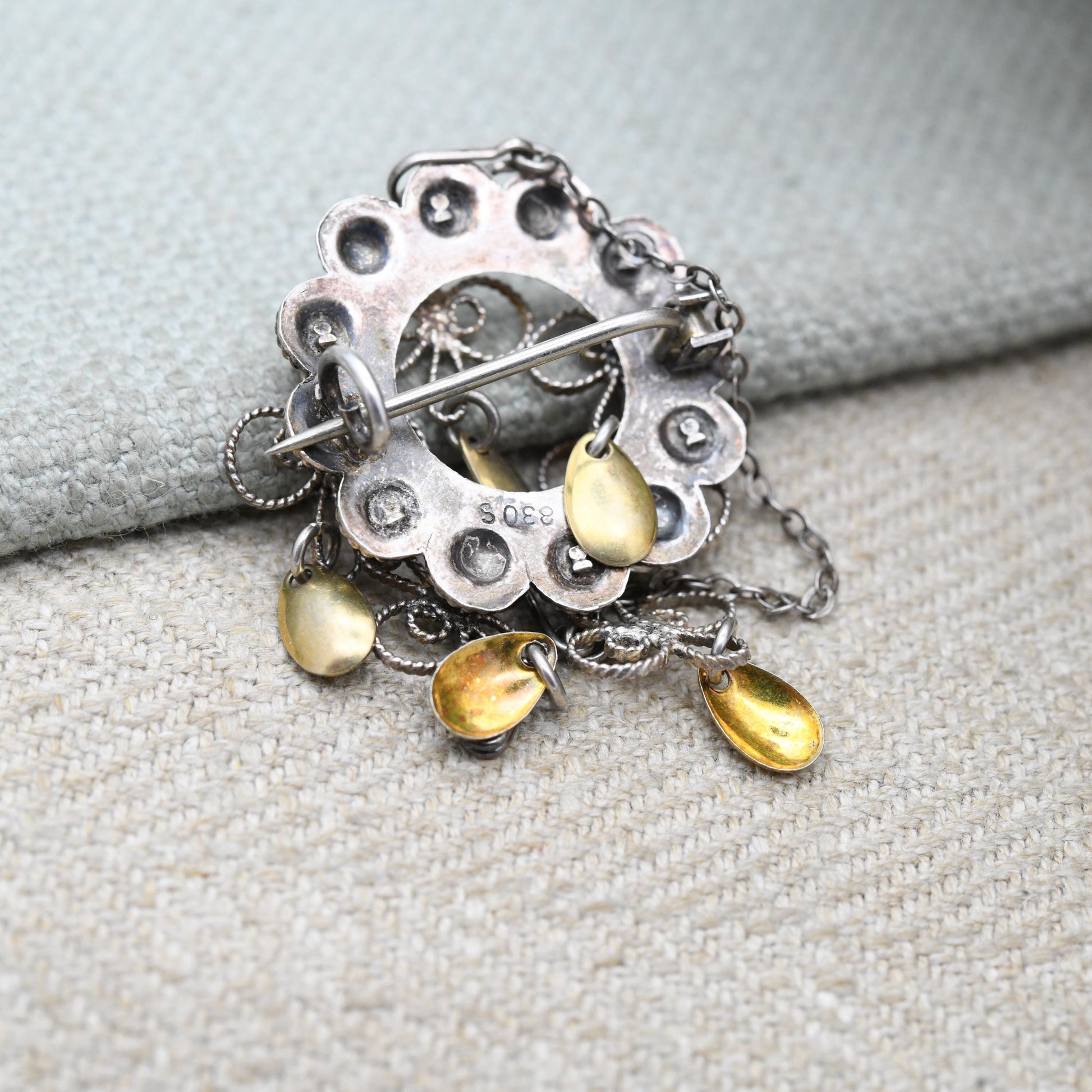Vintage Silver Norwegian Solje Brooch with Gold Tone Tassel Drops - Collectable Scandinavian Silver Jewellery