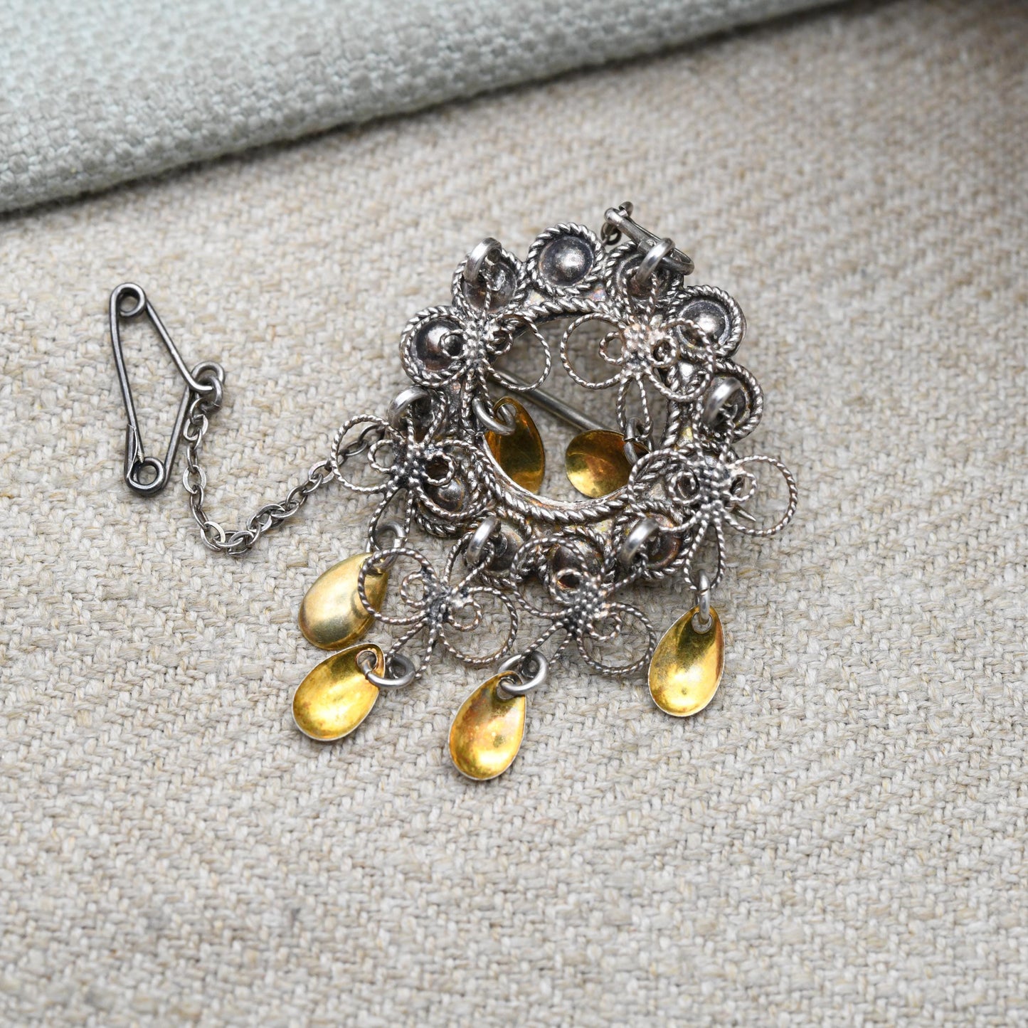 Vintage Silver Norwegian Solje Brooch with Gold Tone Tassel Drops - Collectable Scandinavian Silver Jewellery
