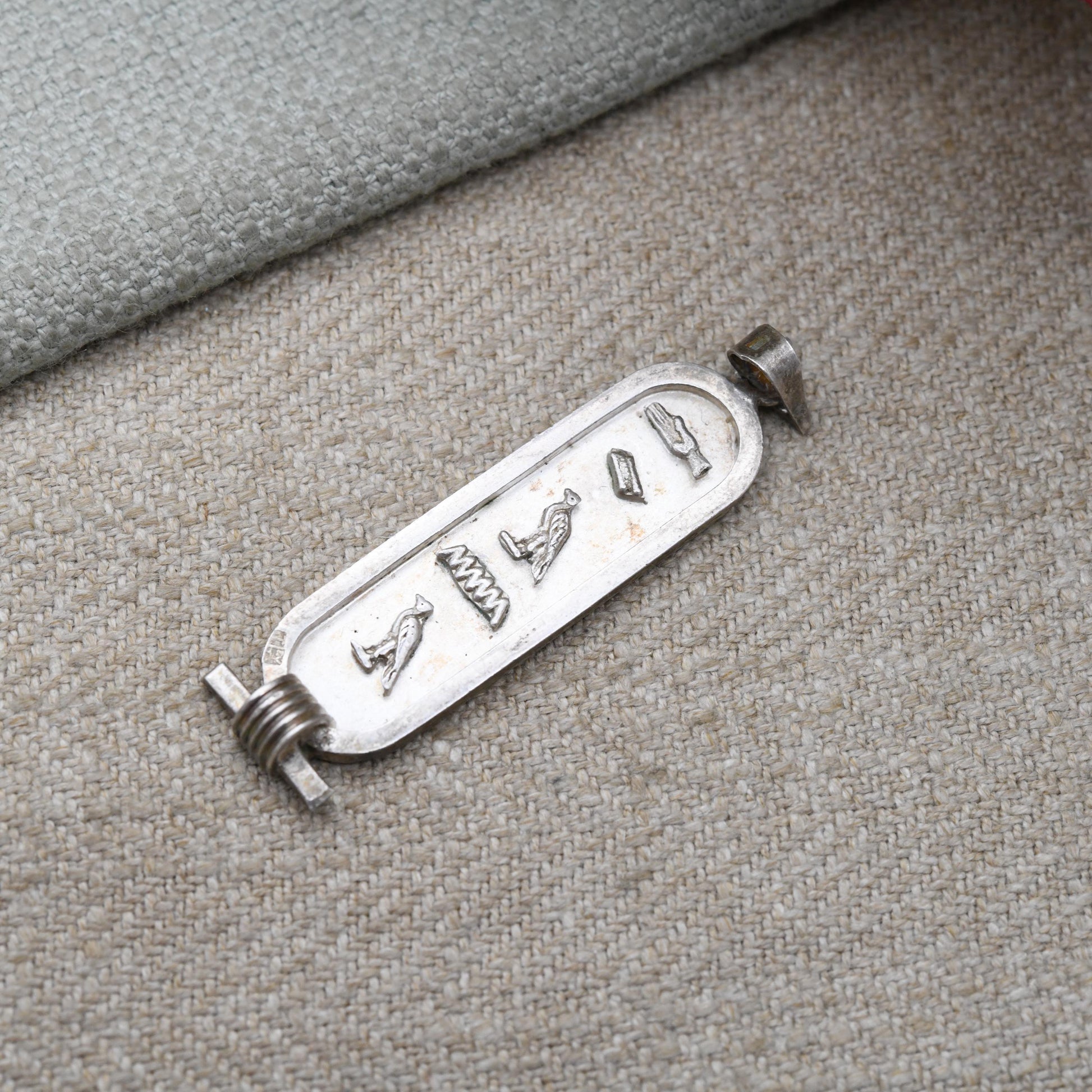 Vintage Silver Egyptian Cartouche Pendant with Hieroglyphs - Spelling Out Name Diana | Raised Relief Design Ancient Egypt Symbols