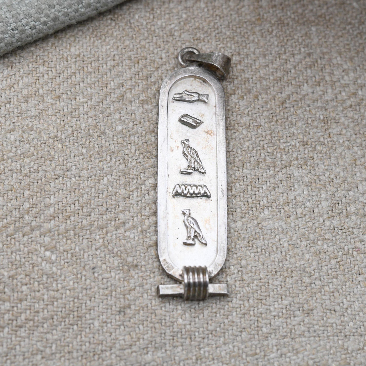Vintage Silver Egyptian Cartouche Pendant with Hieroglyphs - Spelling Out Name Diana | Raised Relief Design Ancient Egypt Symbols