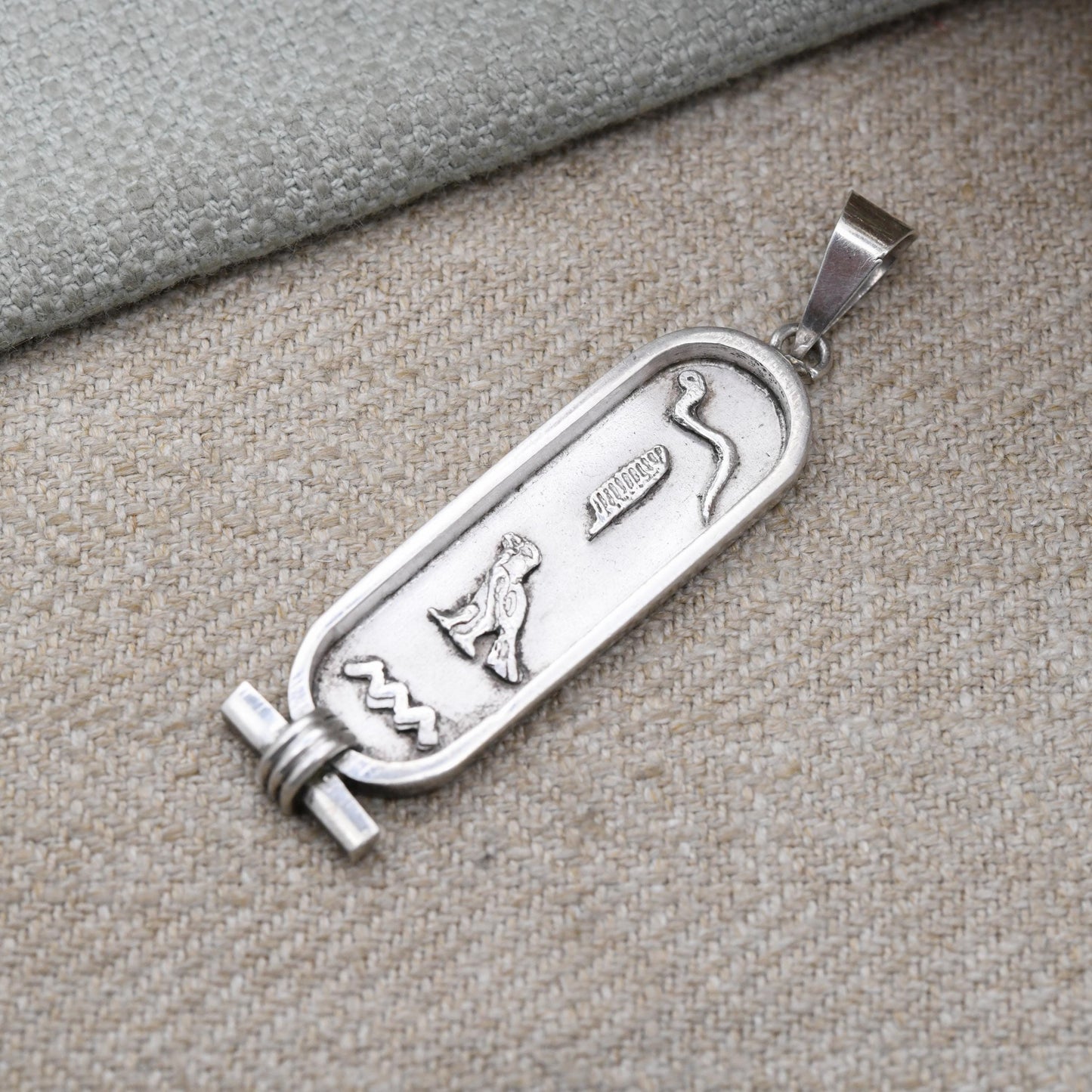 Vintage Silver Egyptian Cartouche Pendant with Hieroglyphs - Spelling Out Name Jean | Raised Relief Design Ancient Egypt Symbols