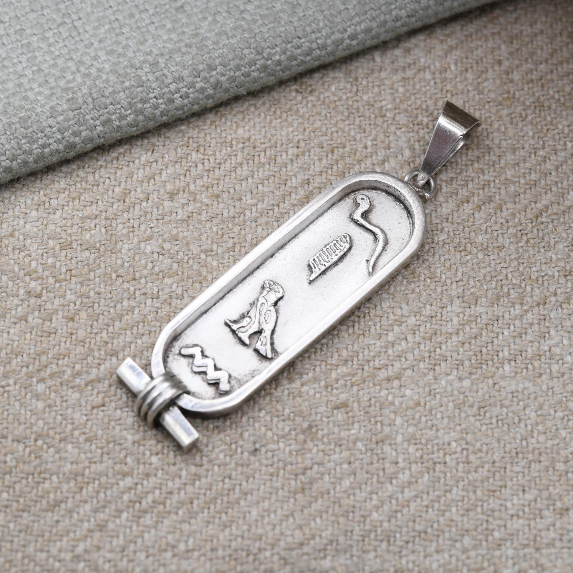 Vintage Silver Egyptian Cartouche Pendant with Hieroglyphs - Spelling Out Name Jean | Raised Relief Design Ancient Egypt Symbols