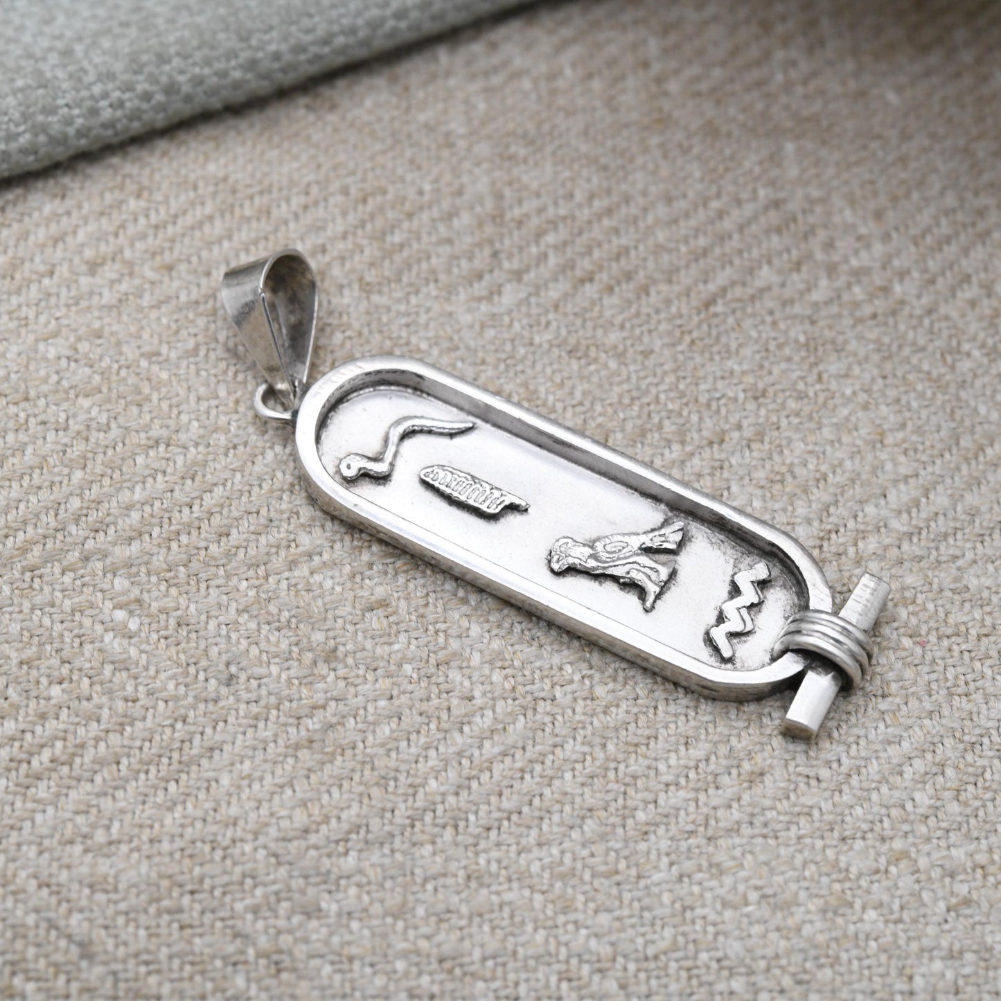 Vintage Silver Egyptian Cartouche Pendant with Hieroglyphs - Spelling Out Name Jean | Raised Relief Design Ancient Egypt Symbols