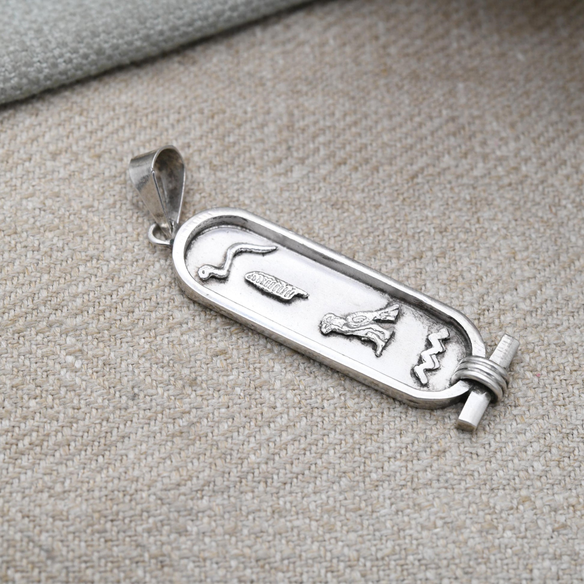 Vintage Silver Egyptian Cartouche Pendant with Hieroglyphs - Spelling Out Name Jean | Raised Relief Design Ancient Egypt Symbols