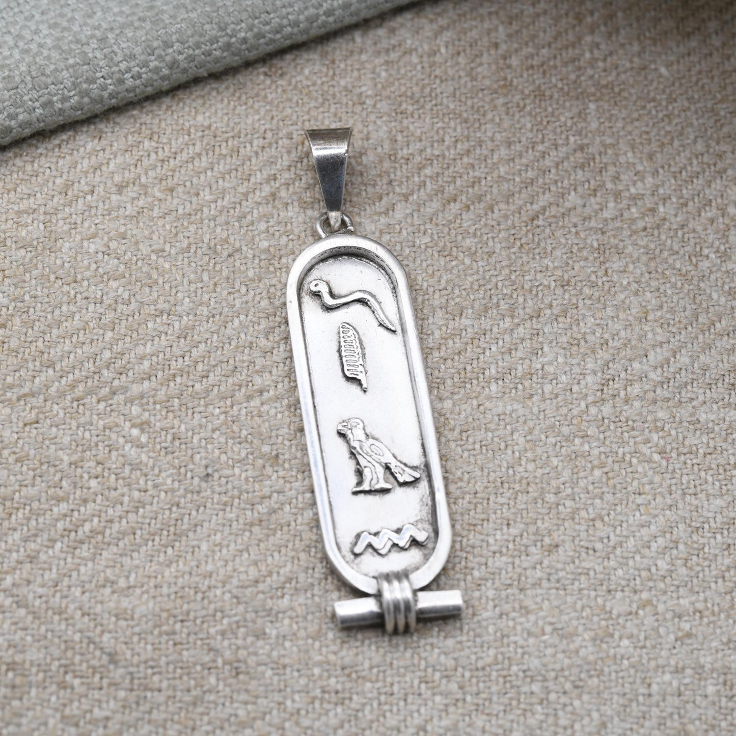 Vintage Silver Egyptian Cartouche Pendant with Hieroglyphs - Spelling Out Name Jean | Raised Relief Design Ancient Egypt Symbols