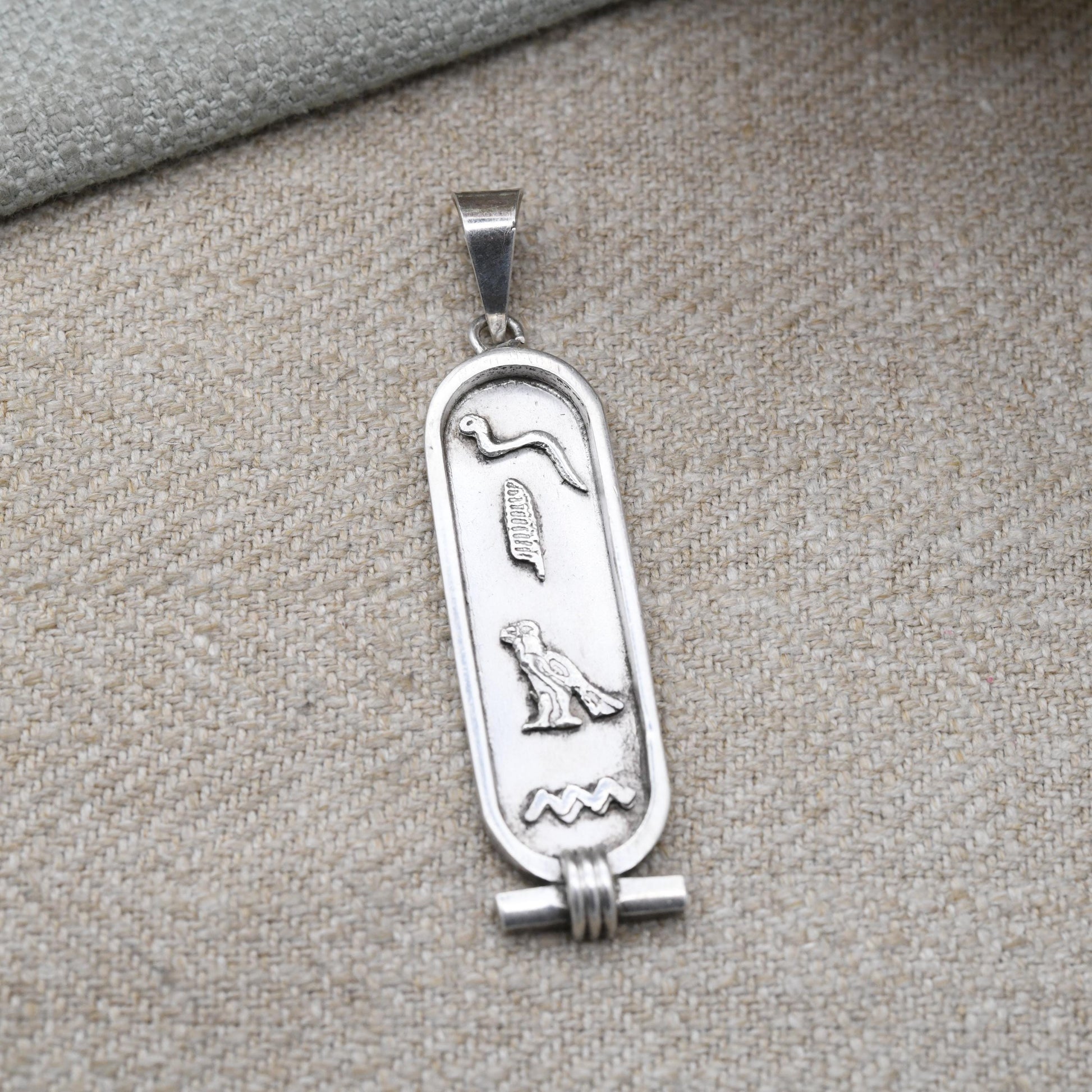 Vintage Silver Egyptian Cartouche Pendant with Hieroglyphs - Spelling Out Name Jean | Raised Relief Design Ancient Egypt Symbols