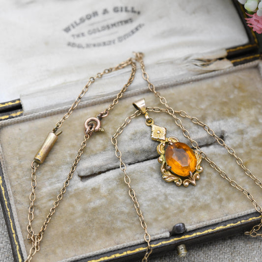 Antique 9ct Gold Lined Floral Pendant Necklace with Faceted Orange Paste Stone c. 1900 Edwardian