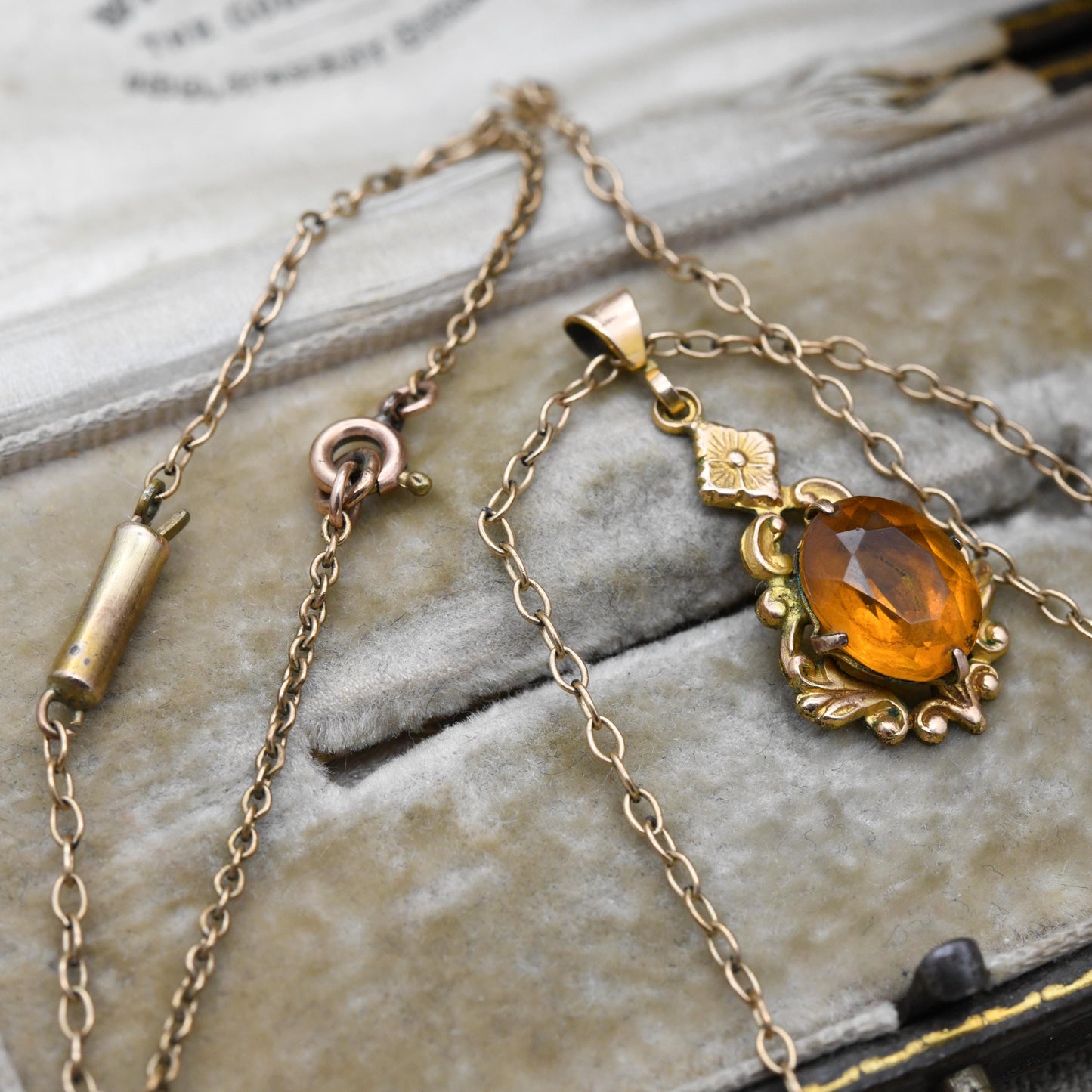 Antique 9ct Gold Lined Floral Pendant Necklace with Faceted Orange Paste Stone c. 1900 Edwardian