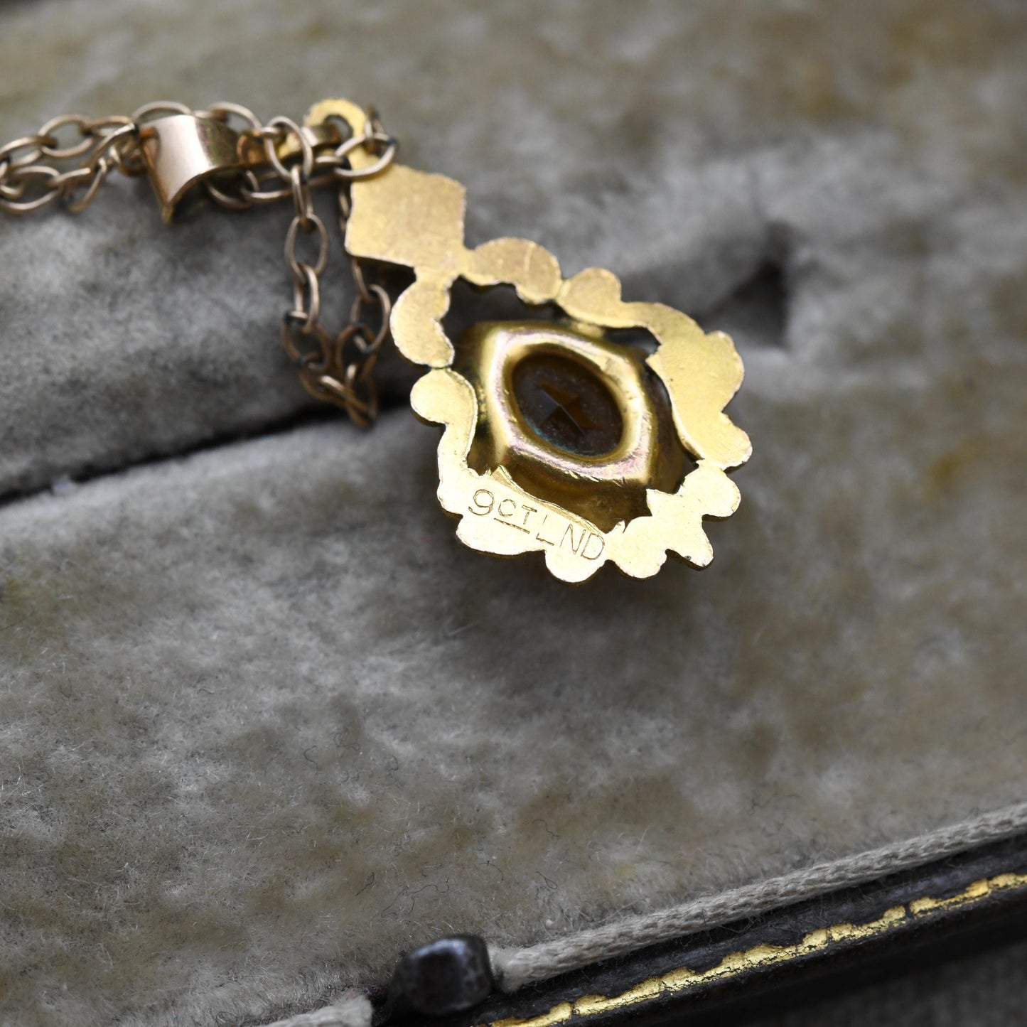 Antique 9ct Gold Lined Floral Pendant Necklace with Faceted Orange Paste Stone c. 1900 Edwardian