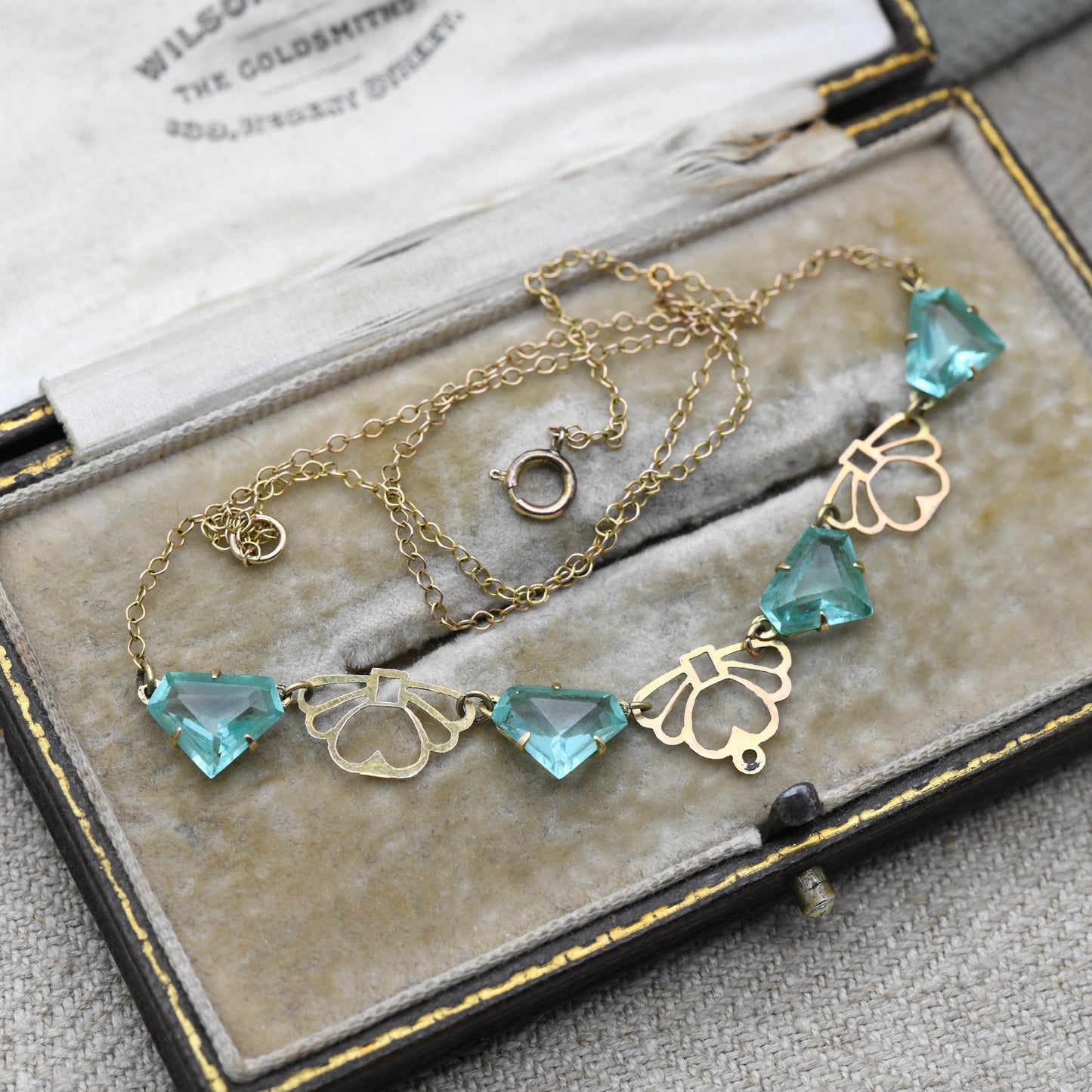 Antique Edwardian 9ct Gold Blue Paste Necklace c. 1910s with Art Deco Fan Shape