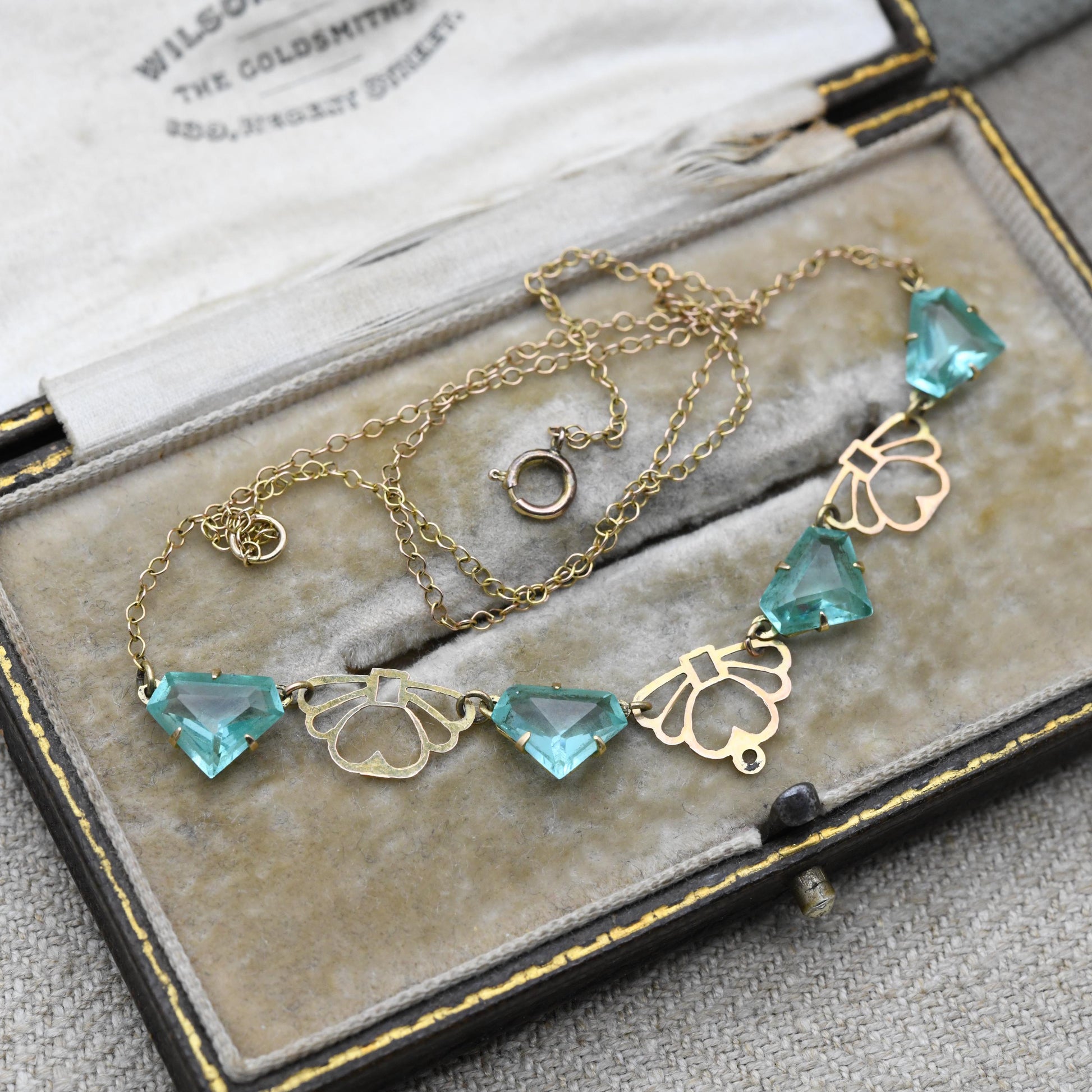 Antique Edwardian 9ct Gold Blue Paste Necklace c. 1910s with Art Deco Fan Shape