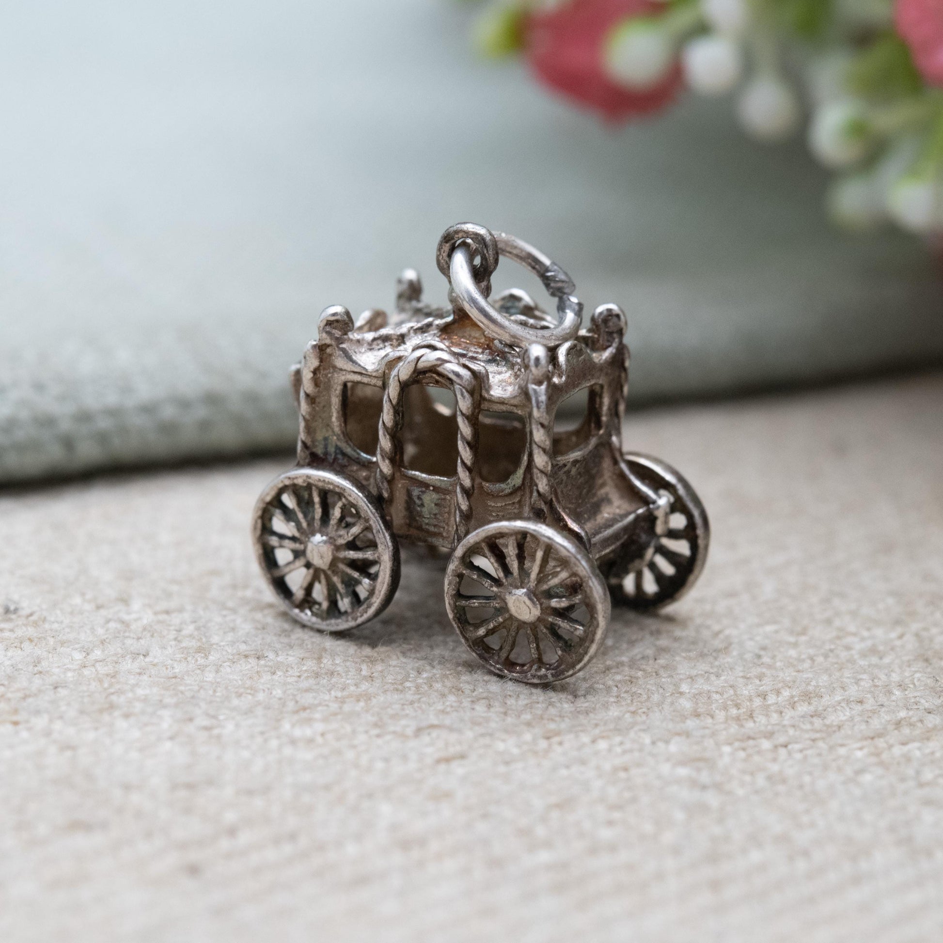 Vintage Sterling Silver Moving Fantasy Carriage Charm Pendant - Stage Coach Charm | Articulated Wheels | Gift for Charm Bracelet