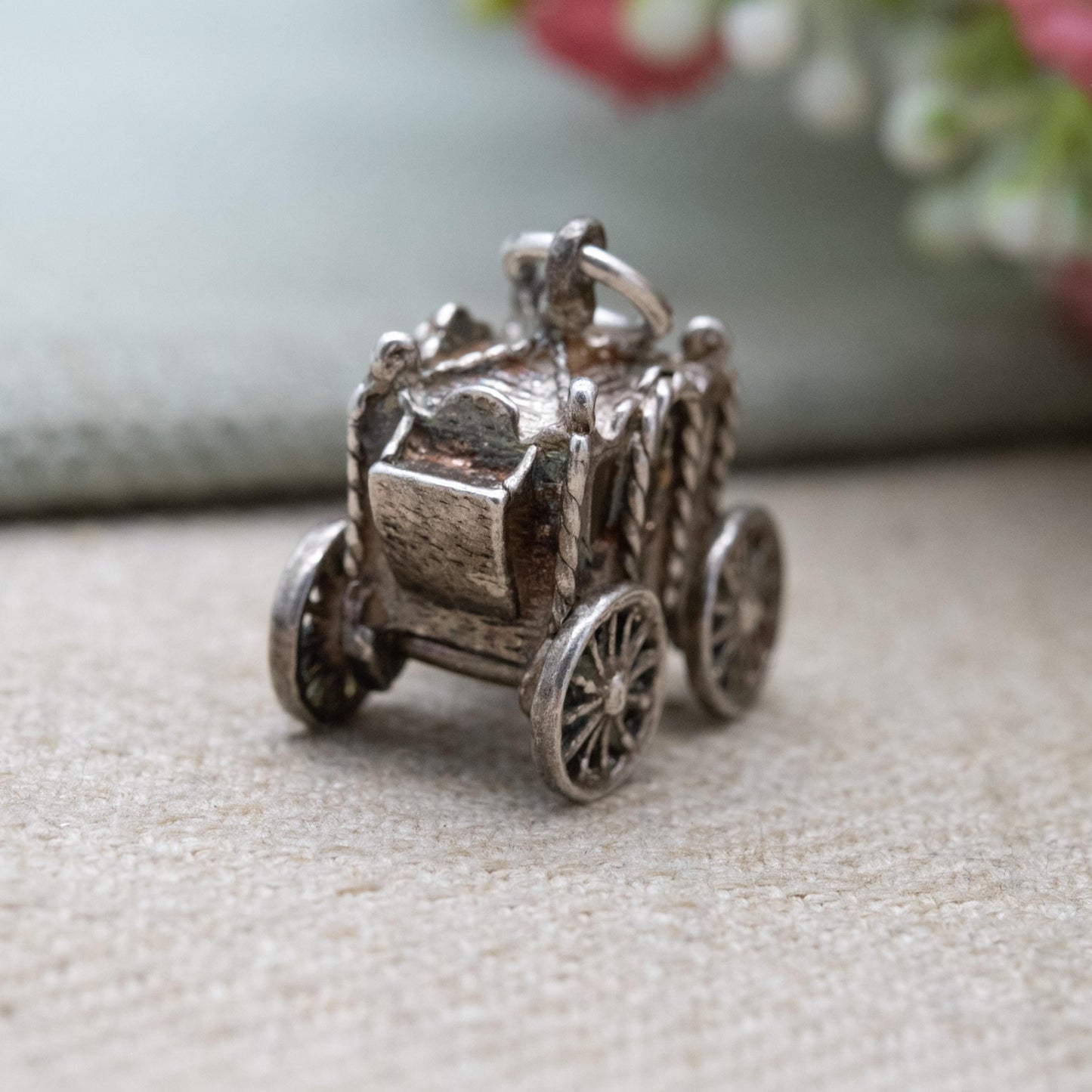 Vintage Sterling Silver Moving Fantasy Carriage Charm Pendant - Stage Coach Charm | Articulated Wheels | Gift for Charm Bracelet